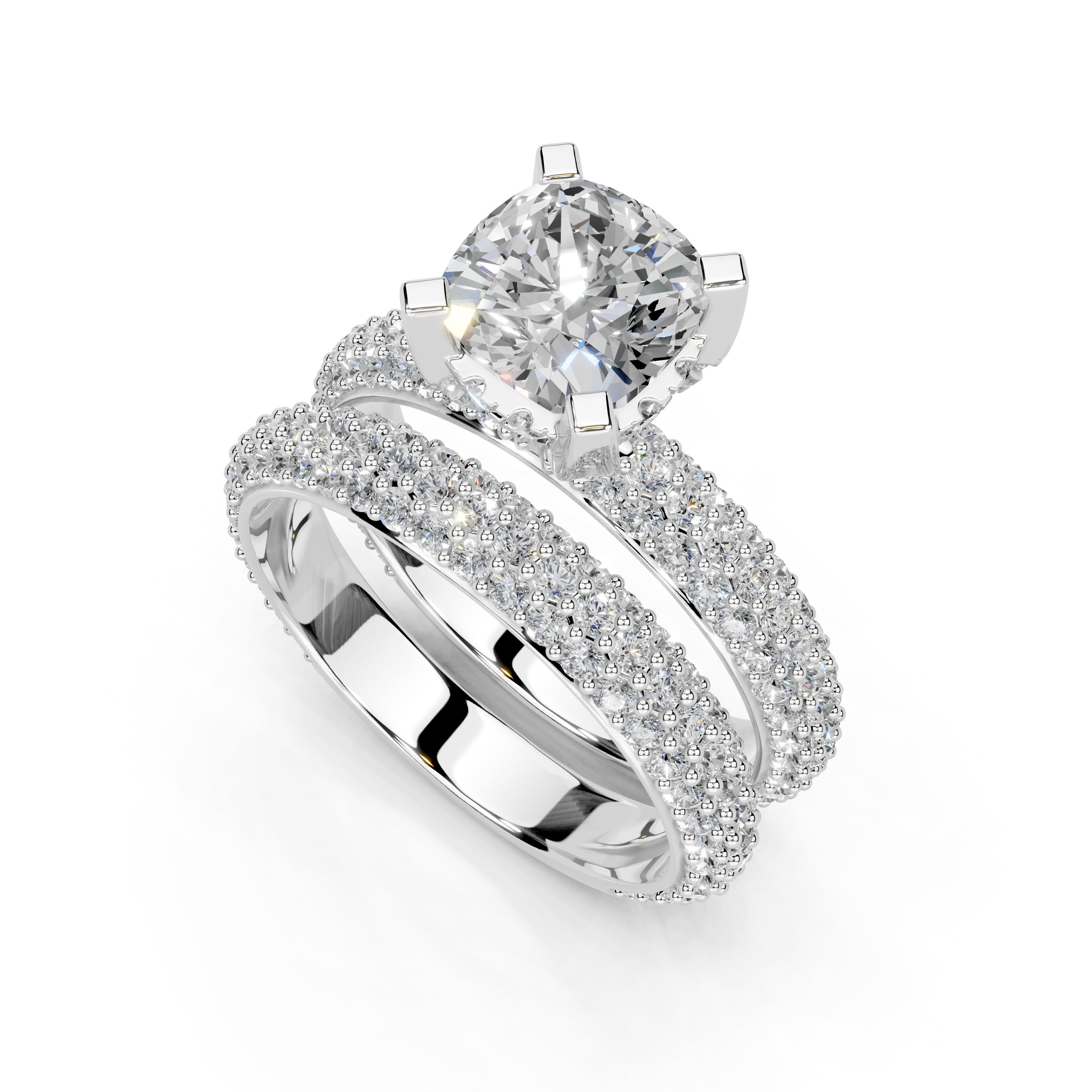 Cushion Cut Square Prongs Double Row Pave Lab Grown Diamond