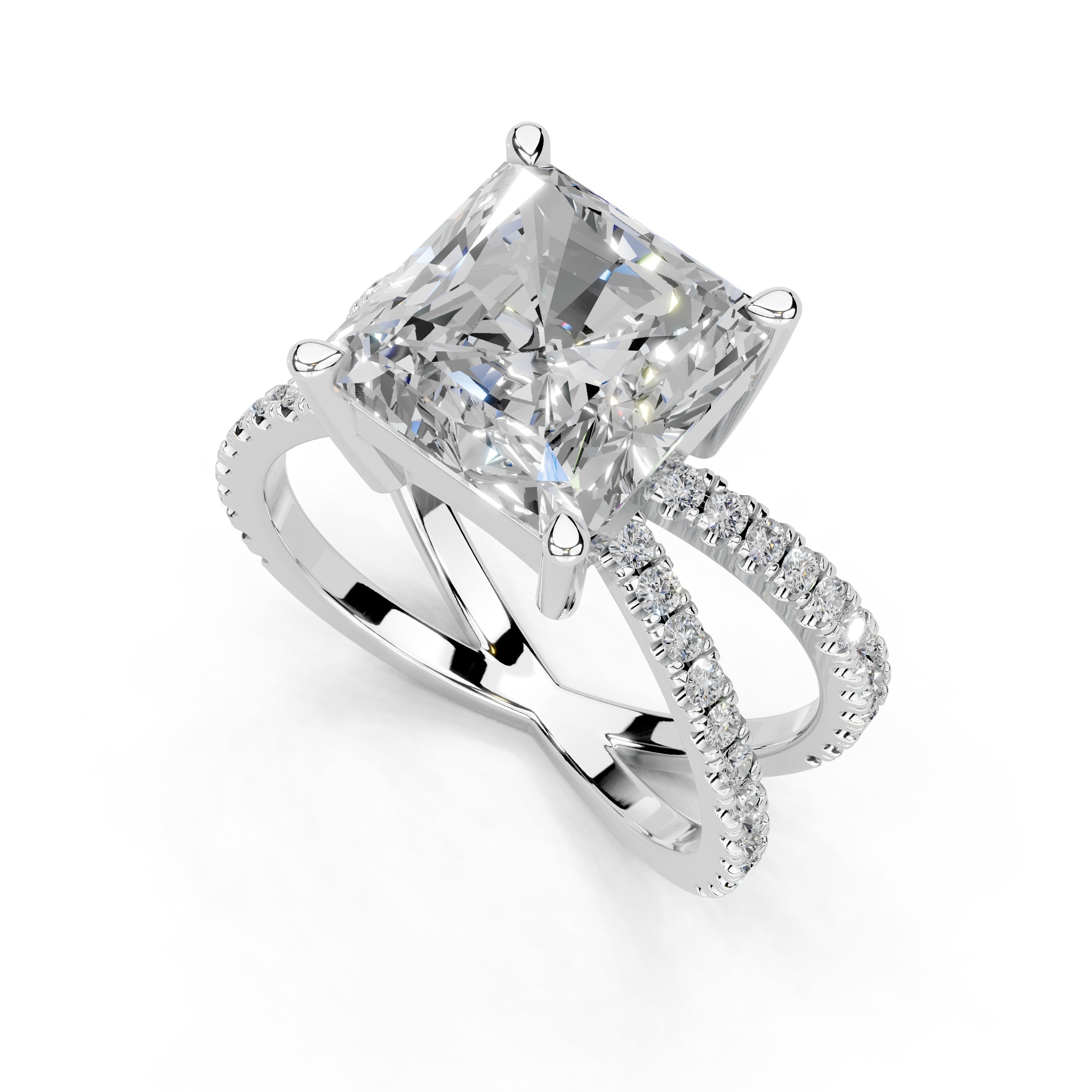 Radiant Cut Split Shank Lab Grown Diamond Engagement Ring with Pave Se ...