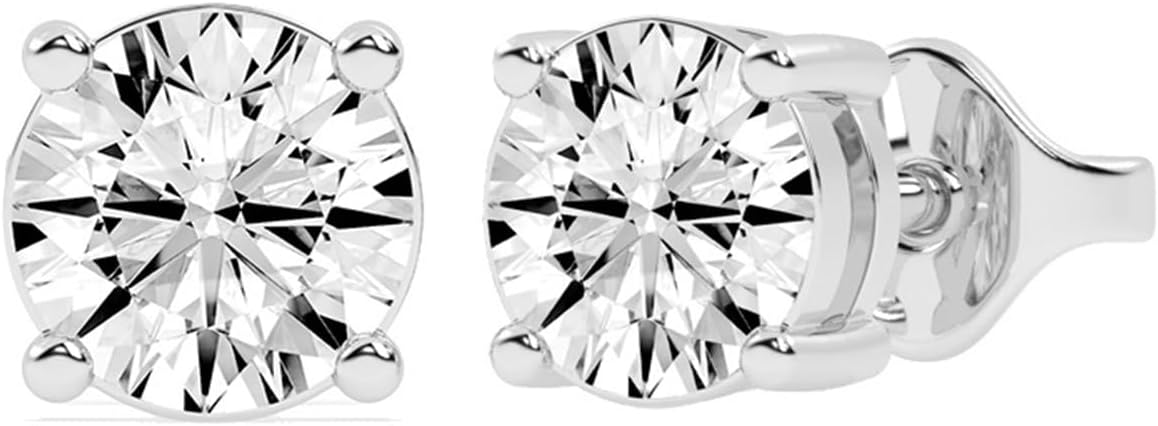 Sterling silver round diamond studs, angle view