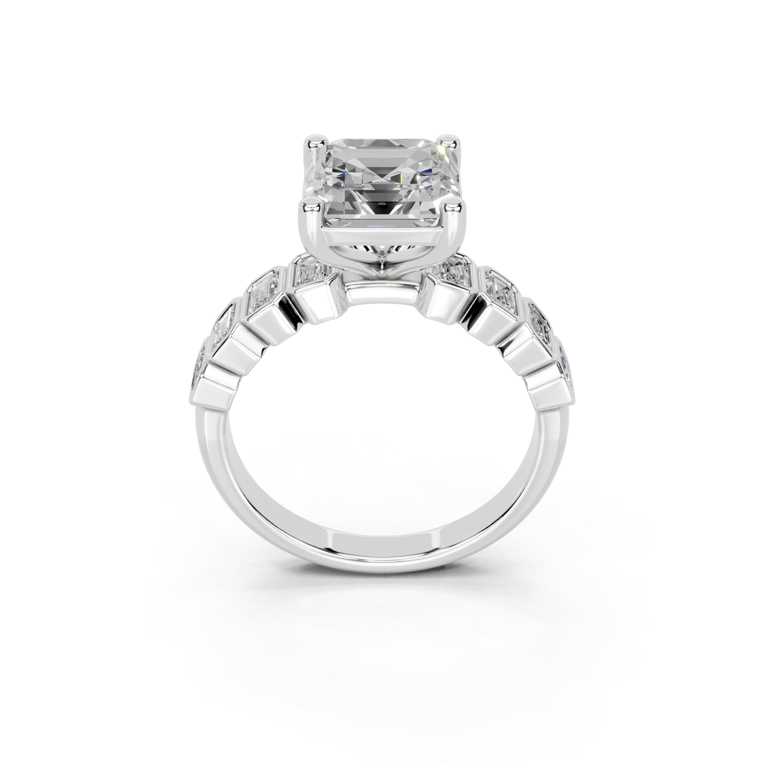 Asscher Pavé with Emerald Side Stones lab-grown diamond ring in white gold / platinum