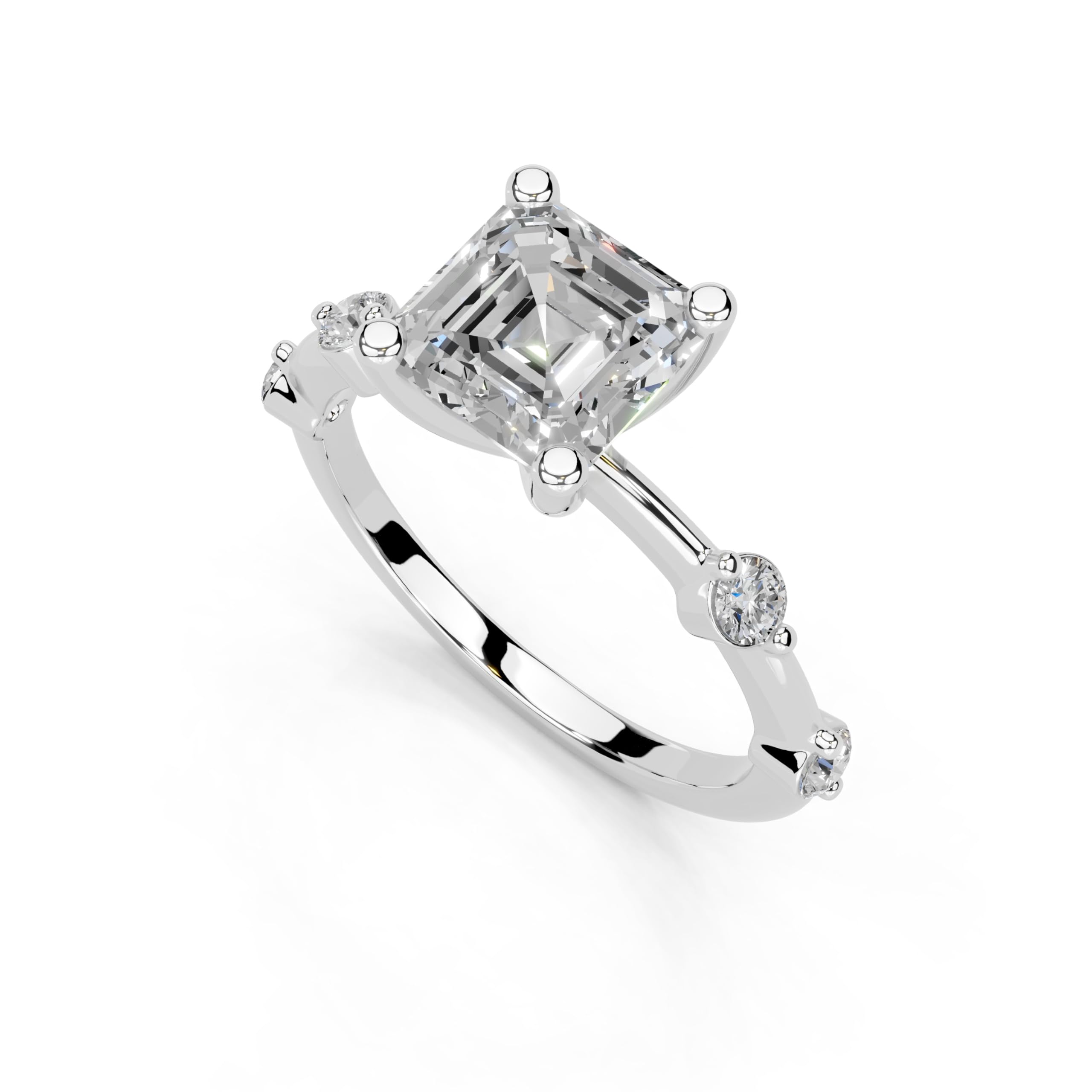 Asscher Solitaire with Minimal Side Stones lab-grown diamond ring in white gold / platinum