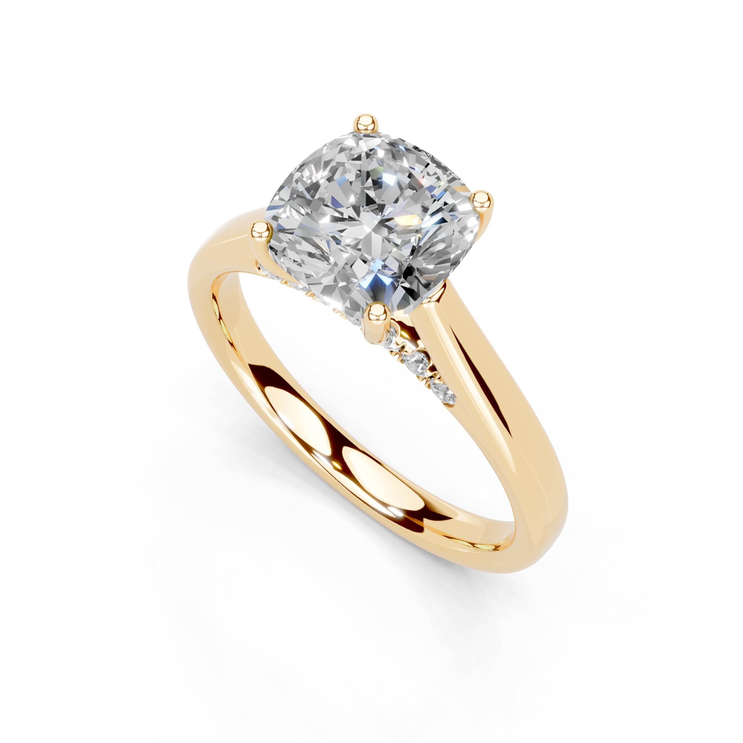 Cushion Hidden Pavé Cathedral lab-grown diamond ring in yellow gold