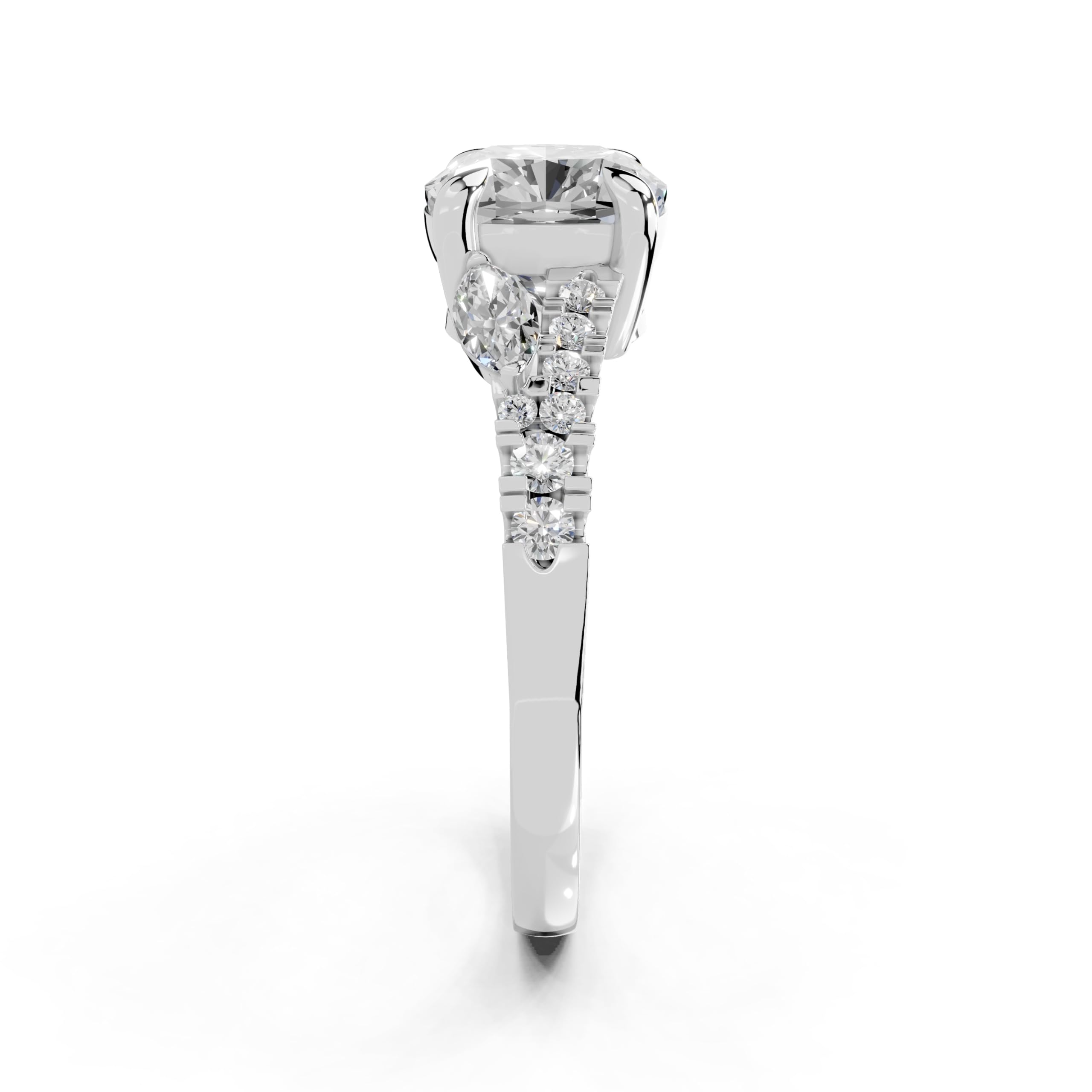Cushion Marquise Side Stone Pavé lab-grown diamond ring in white gold / platinum