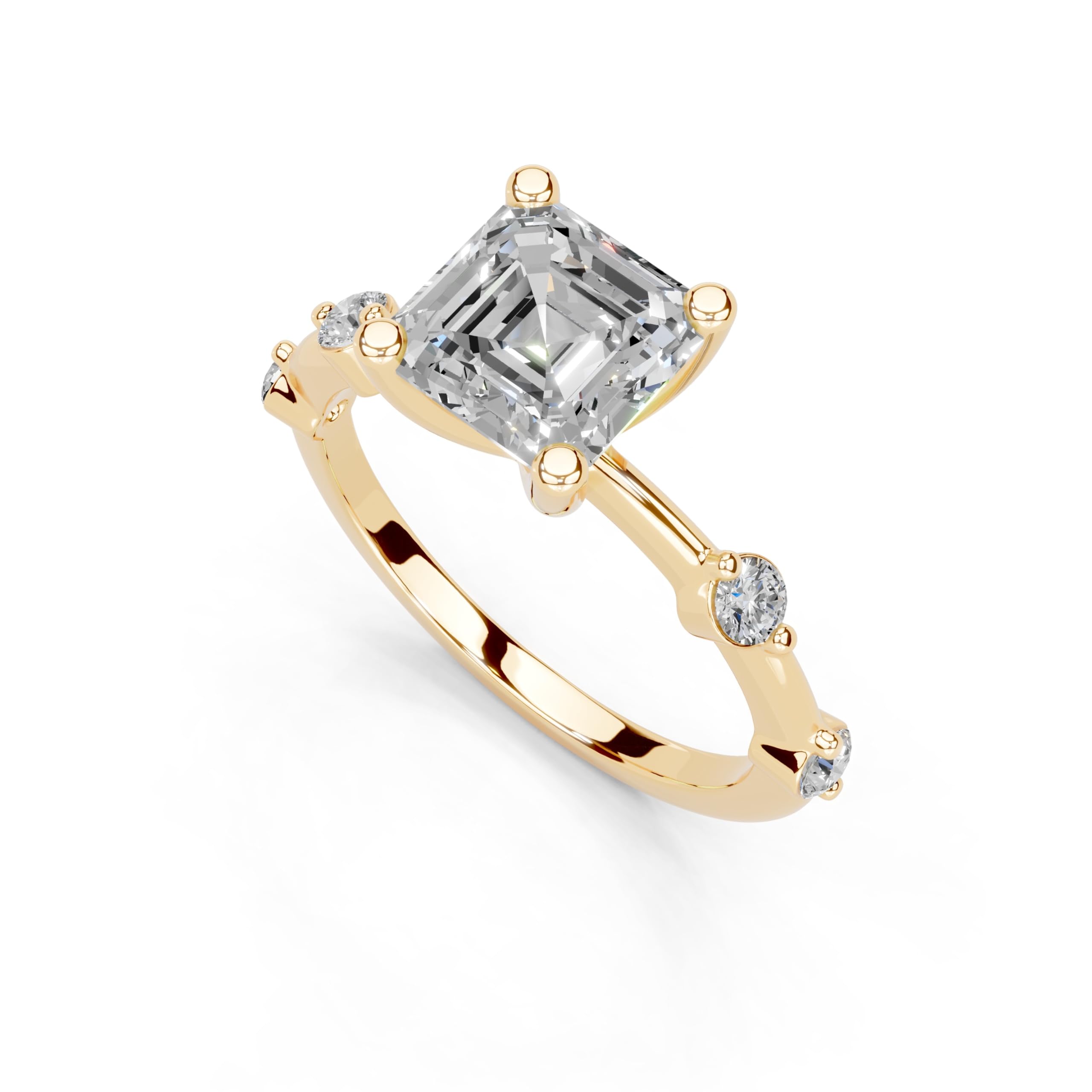 Asscher Solitaire with Minimal Side Stones lab-grown diamond ring in yellow gold