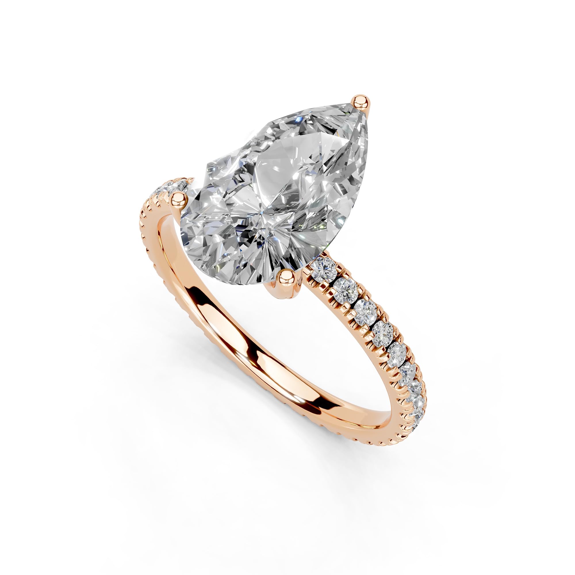 Pear petite pavé lab-grown diamond engagement ring in 14K rose gold, angled view