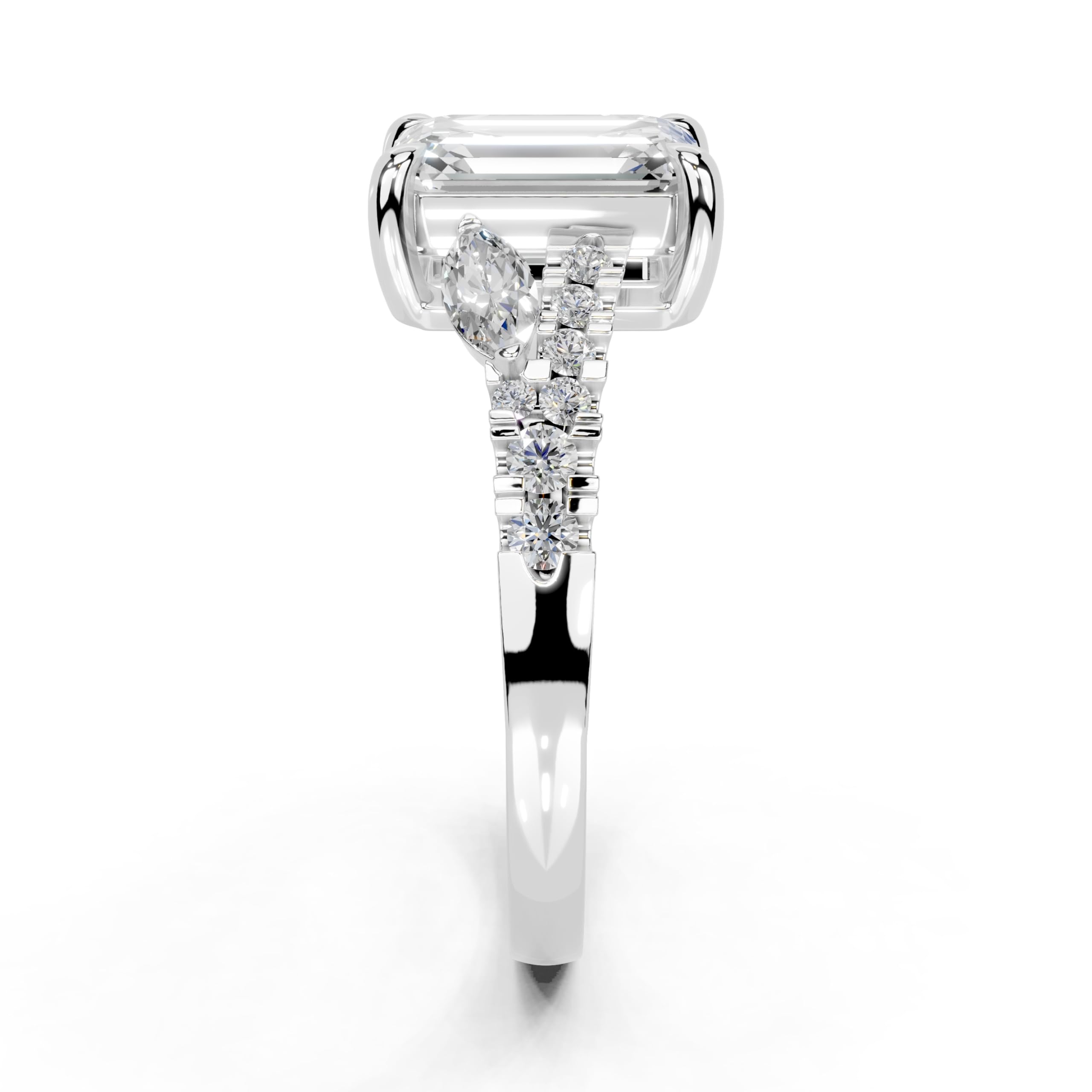 Emerald Marquise Side Stone Pavé lab-grown diamond ring in white gold / platinum