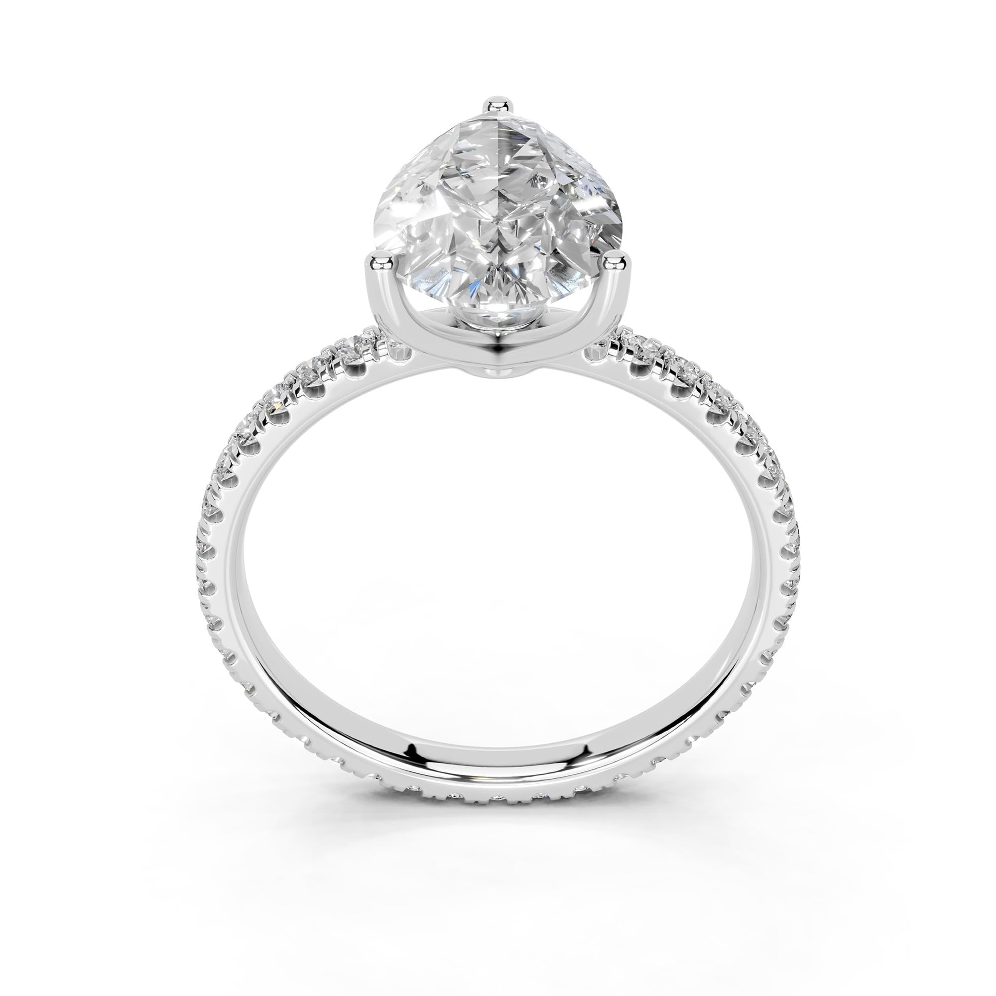 Pear petite pavé lab-grown diamond engagement ring in 14K white gold / platinum, front view