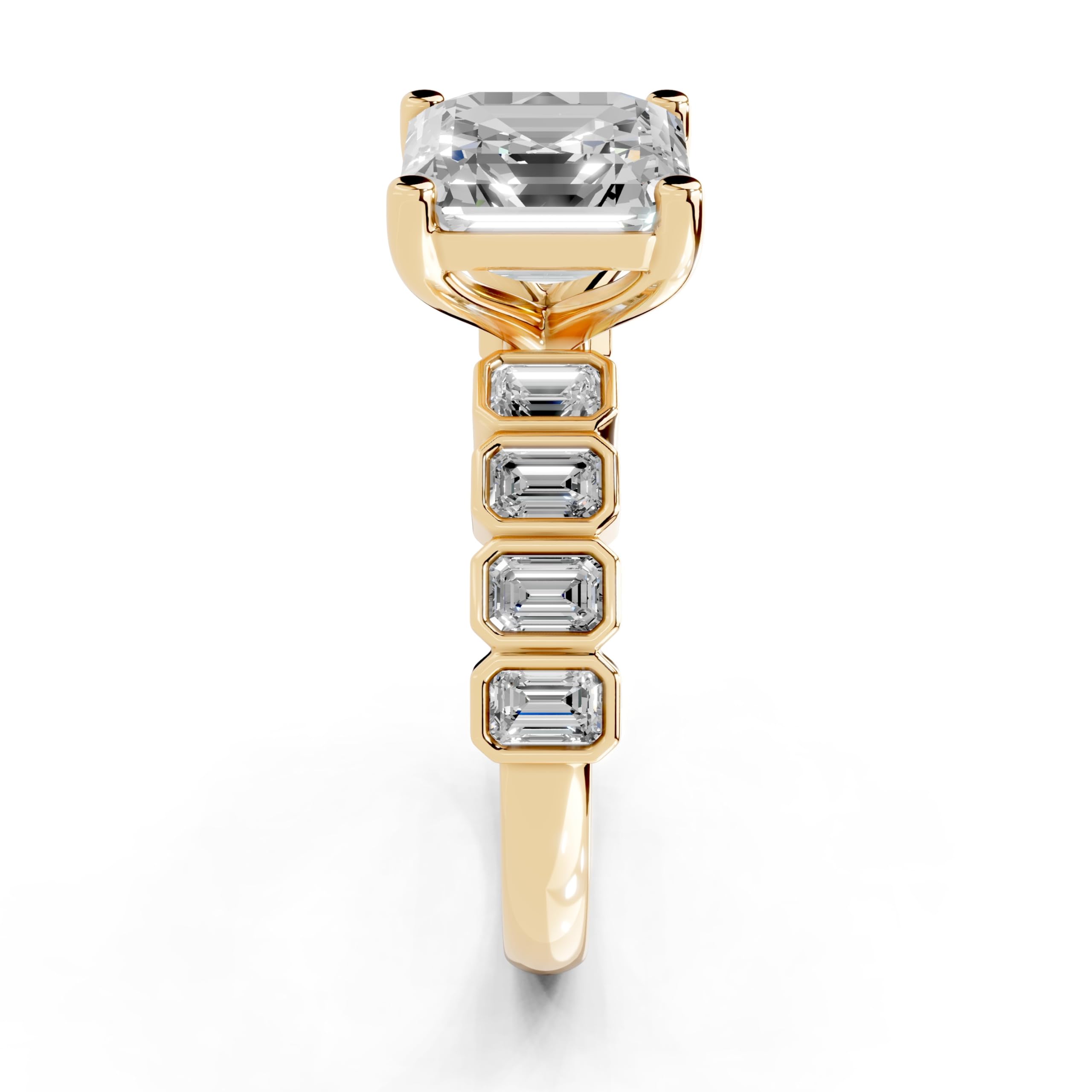Asscher Pavé with Emerald Side Stones lab-grown diamond ring in yellow gold