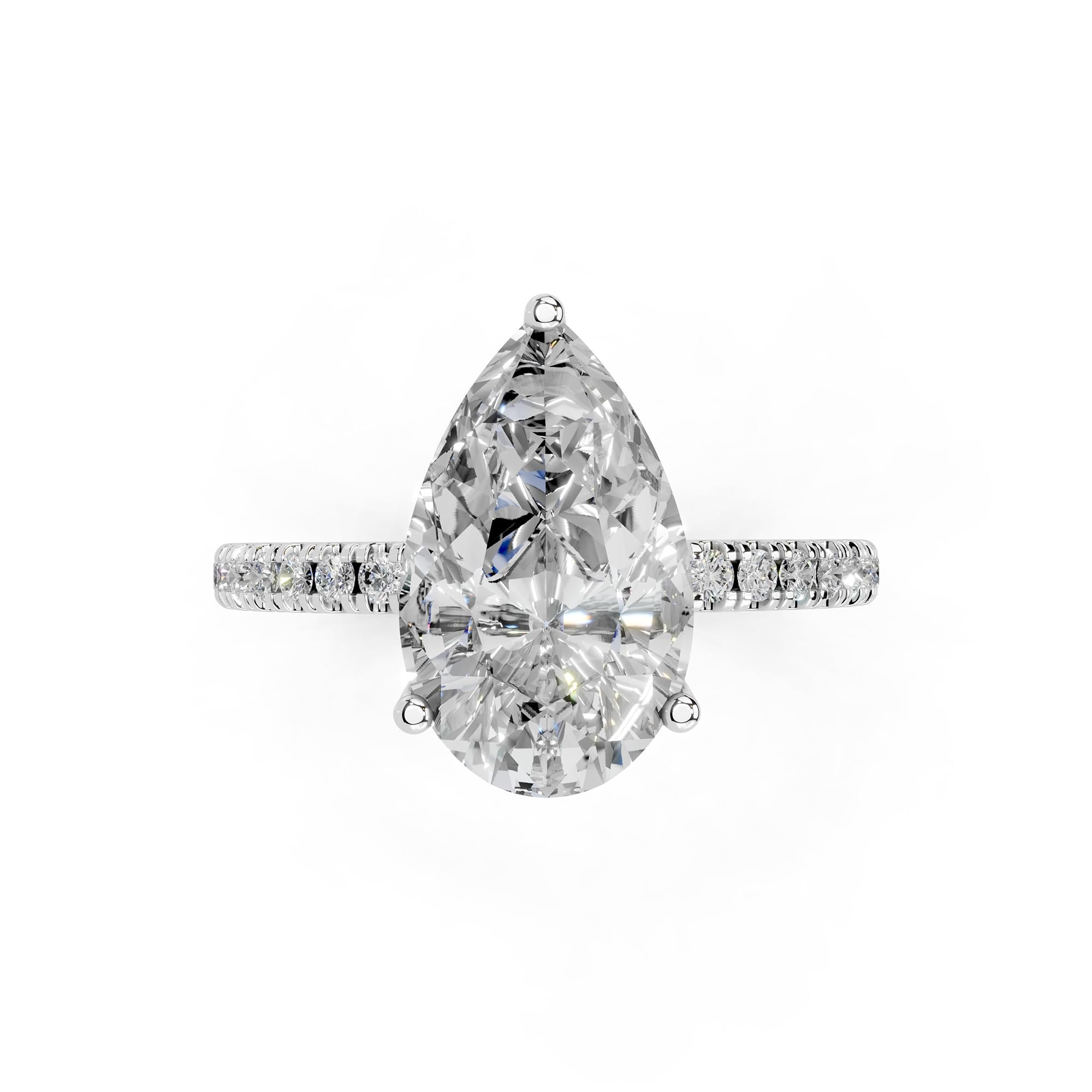 Pear petite pavé lab-grown diamond engagement ring in 14K white gold / platinum, top view