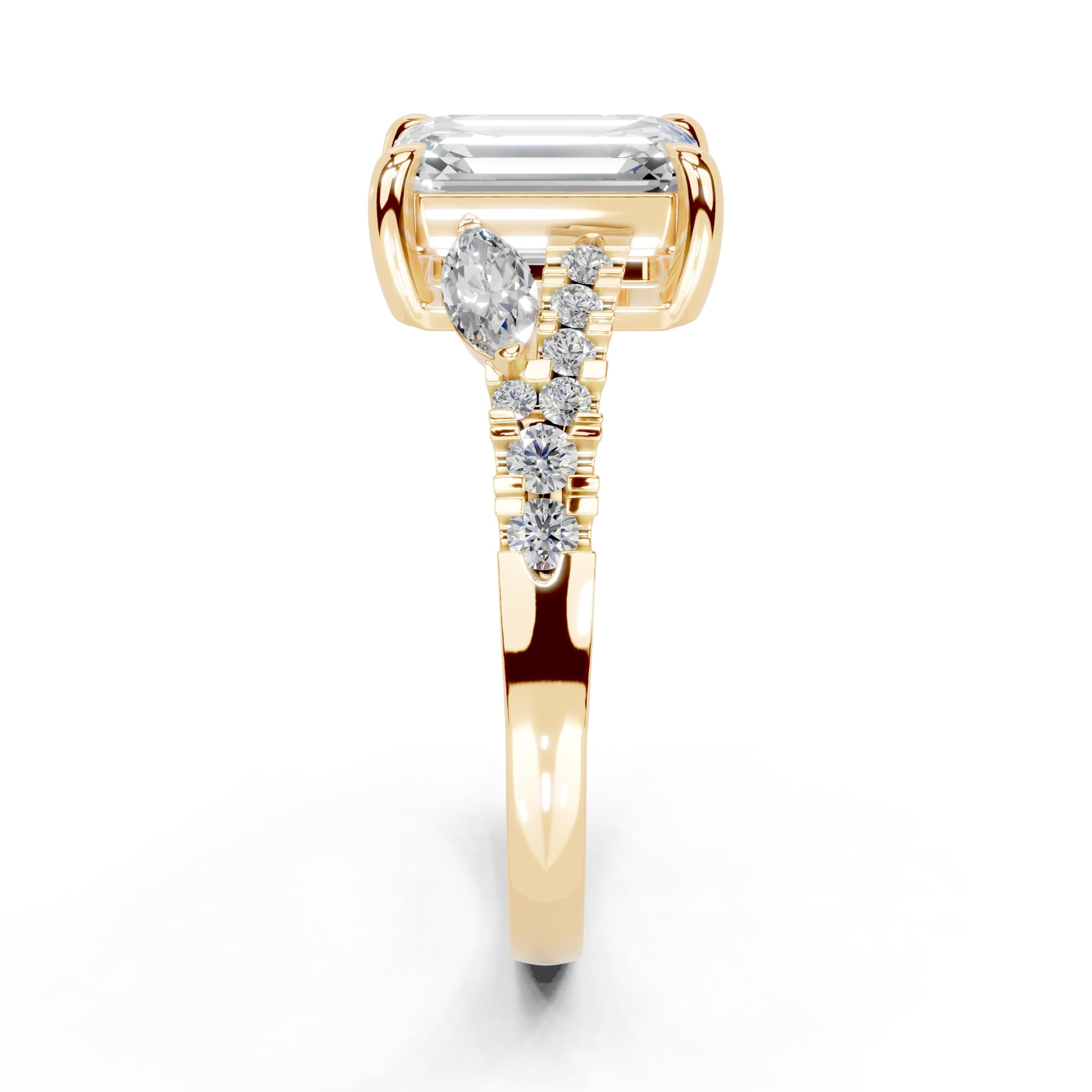 Emerald Marquise Side Stone Pavé lab-grown diamond ring in yellow gold