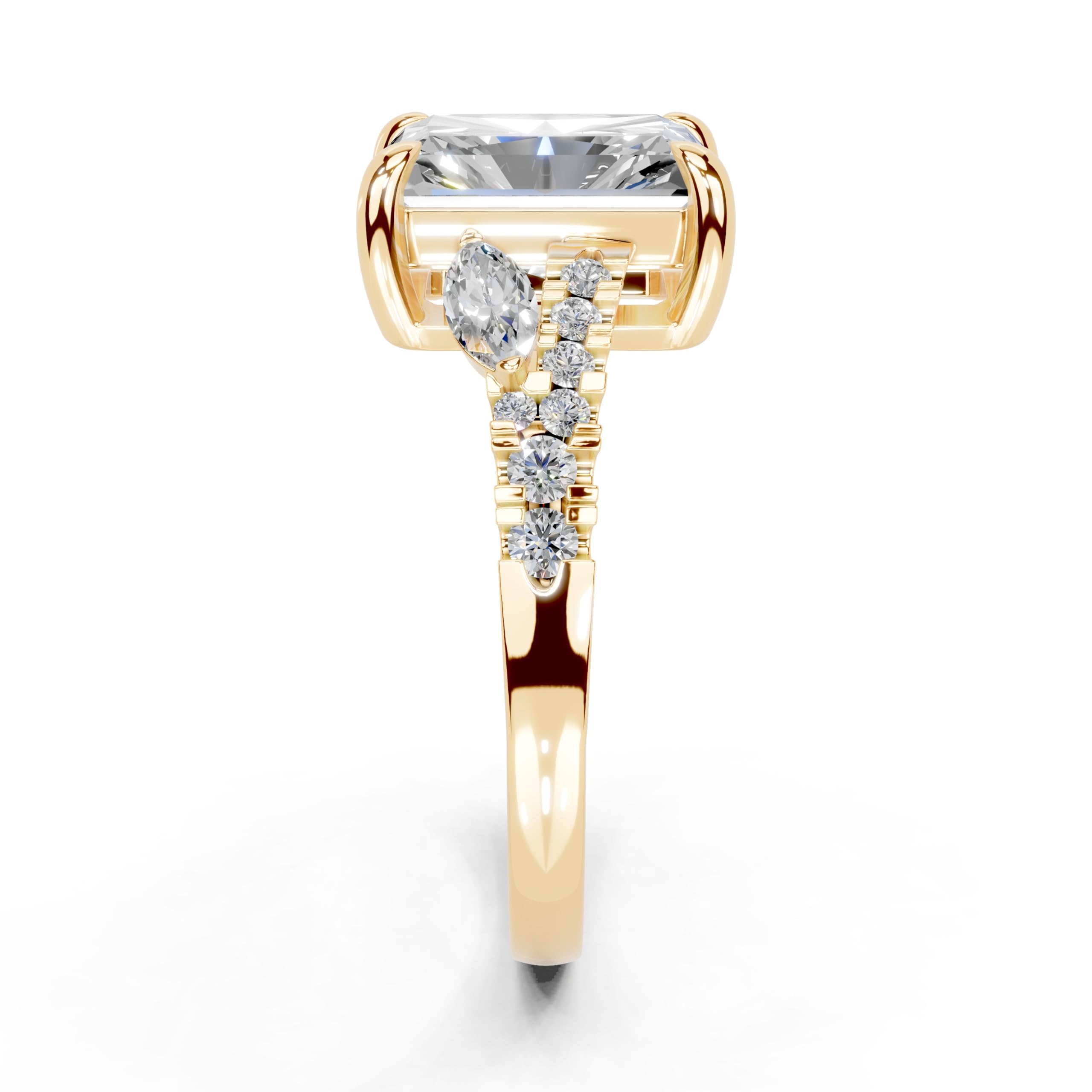 Radiant Marquise Side Stone Pavé lab-grown diamond ring in yellow gold