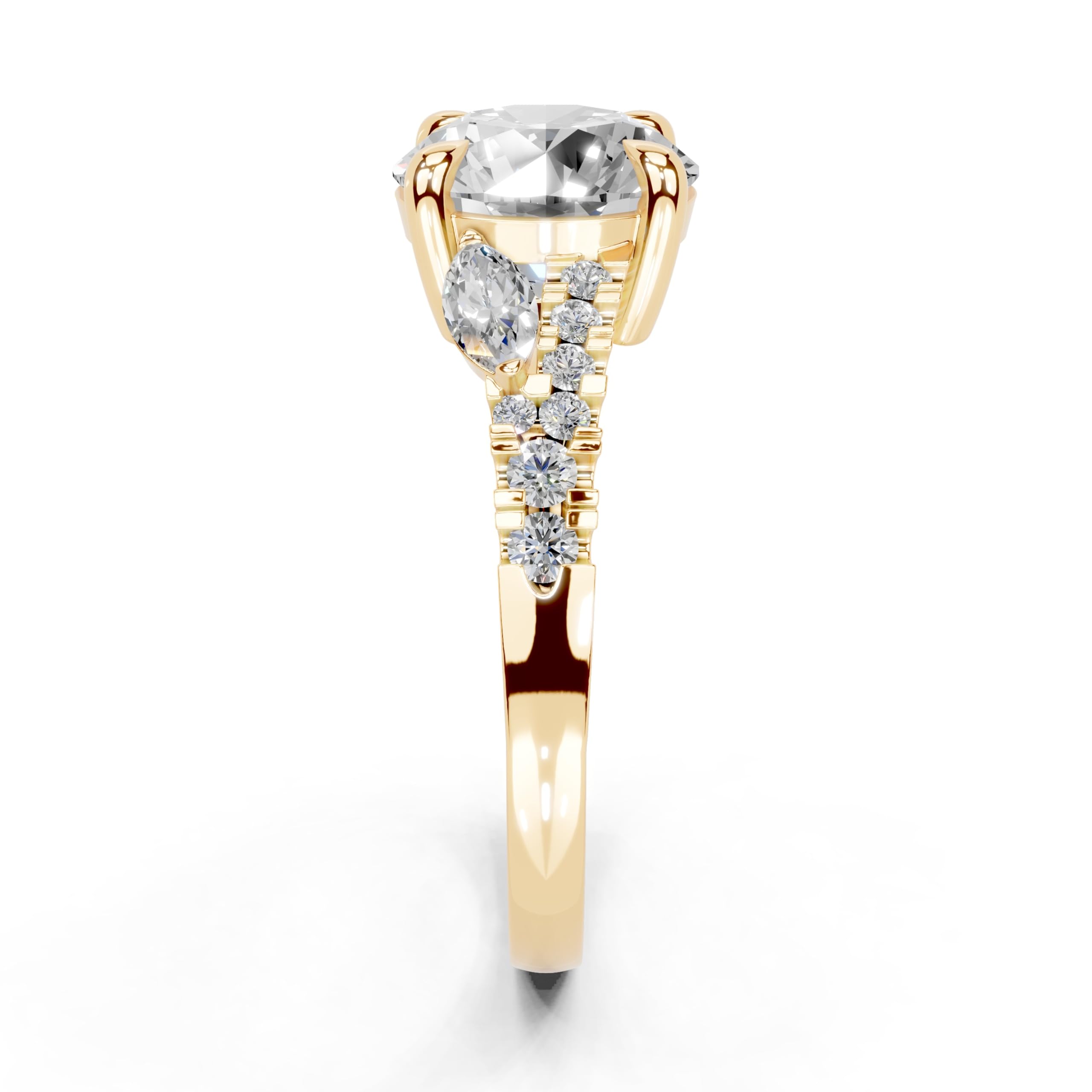 Round Marquise Side Stone Pavé lab-grown diamond ring in yellow gold