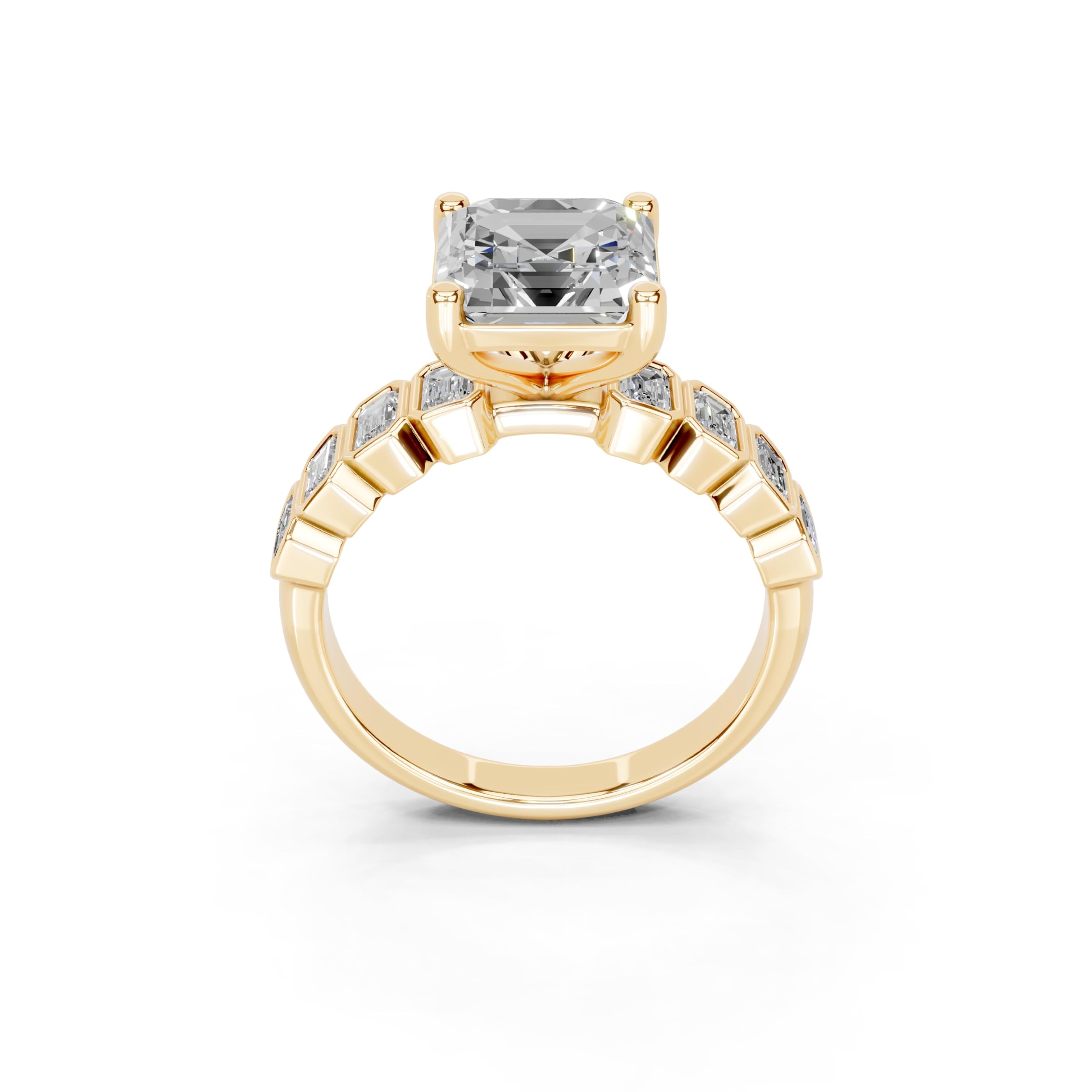 Asscher Pavé with Emerald Side Stones lab-grown diamond ring in yellow gold