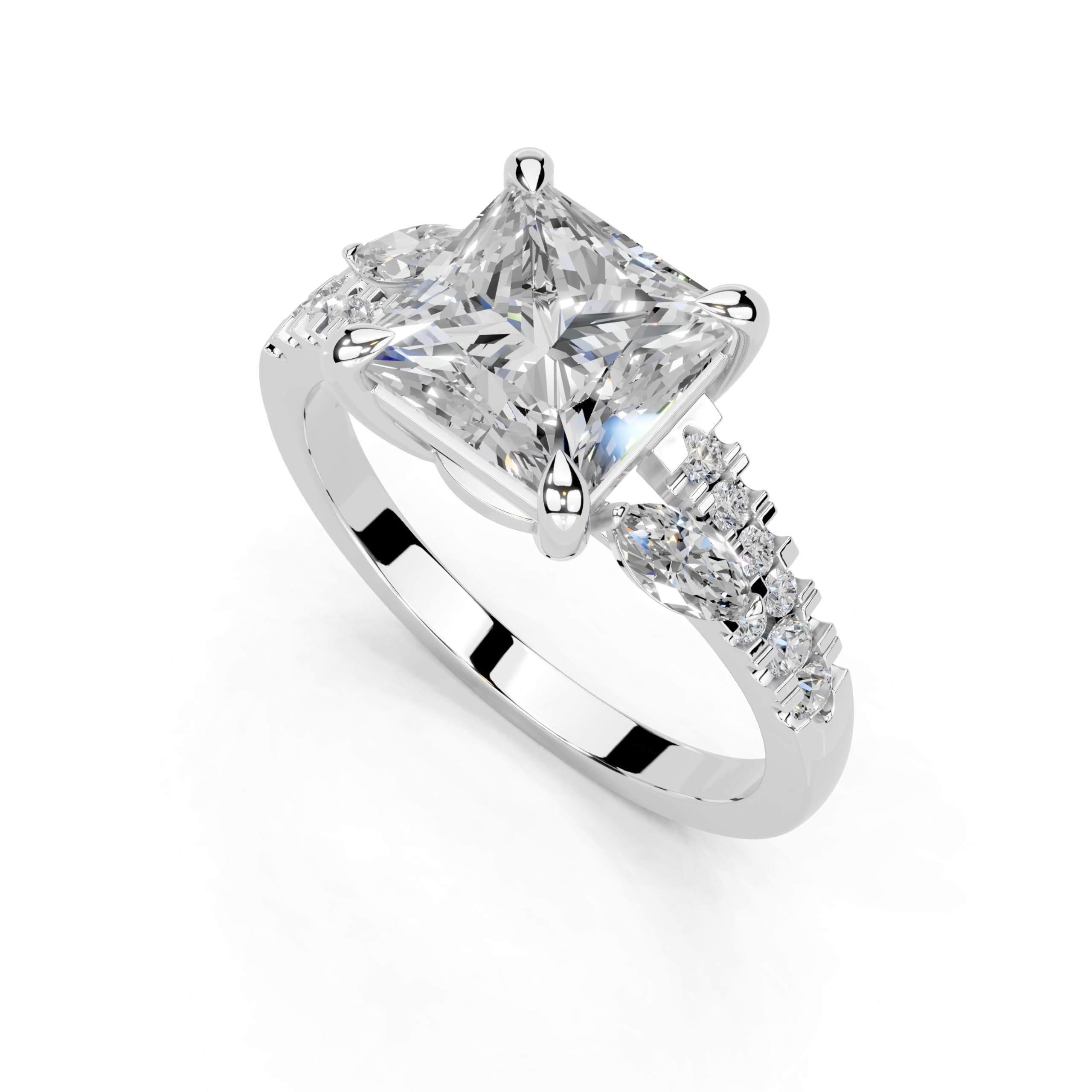 Princess Marquise Side Stone Pavé lab-grown diamond ring in white gold / platinum