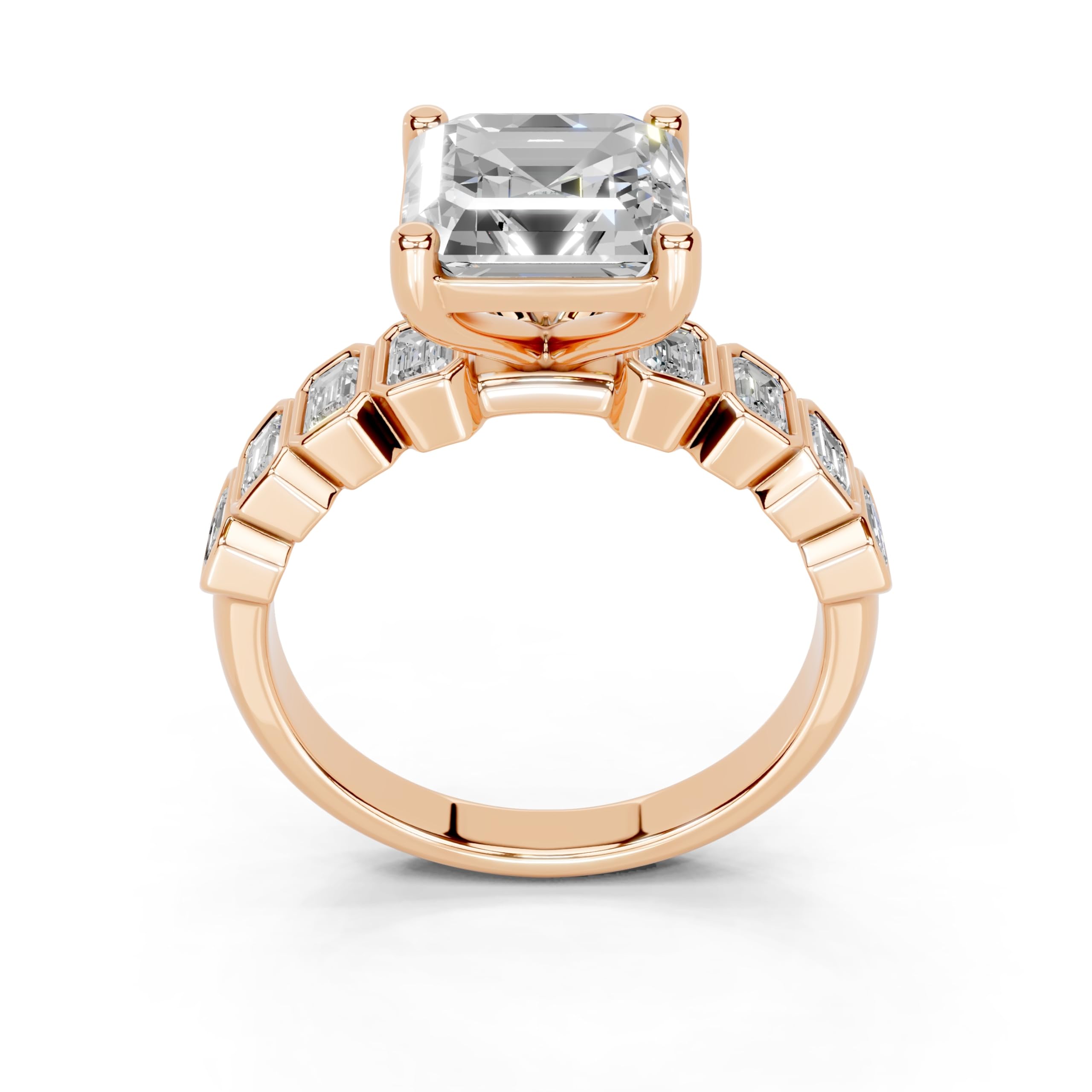 Asscher Pavé with Emerald Side Stones lab-grown diamond ring in rose gold