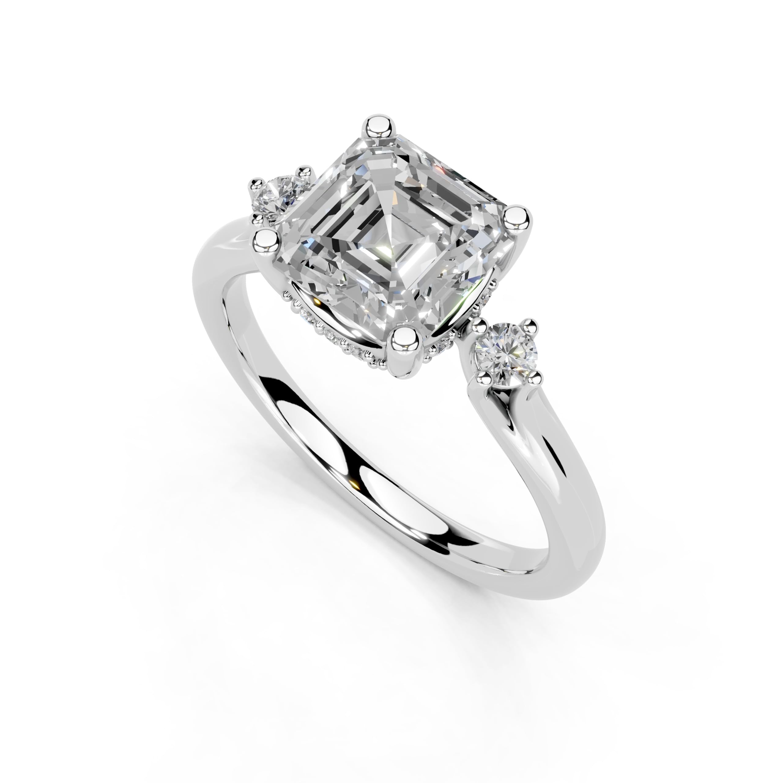 Asscher Petite Side Stone Solitaire lab-grown diamond ring in white gold / platinum