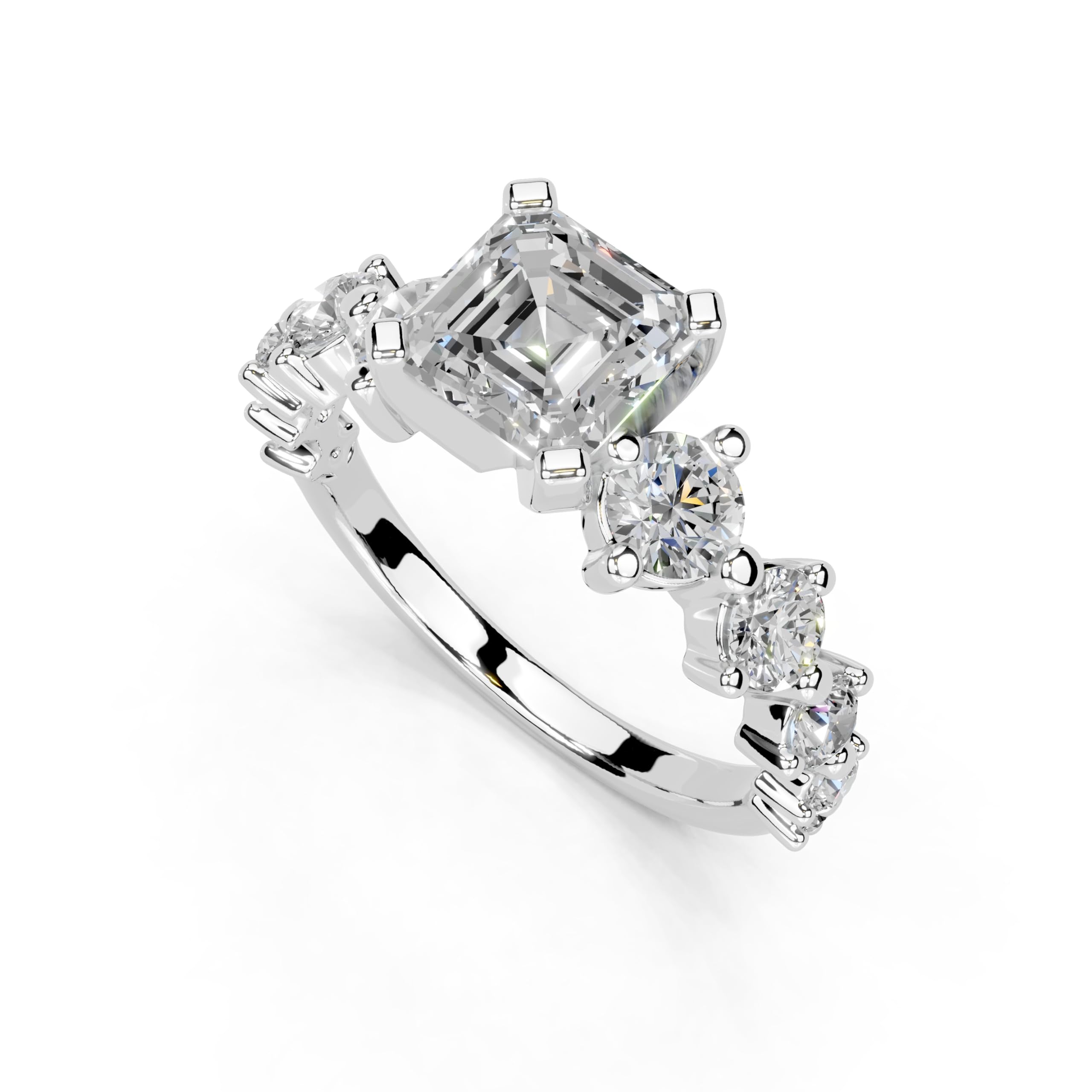Asscher Fancy Side Stone lab-grown diamond ring in white gold / platinum