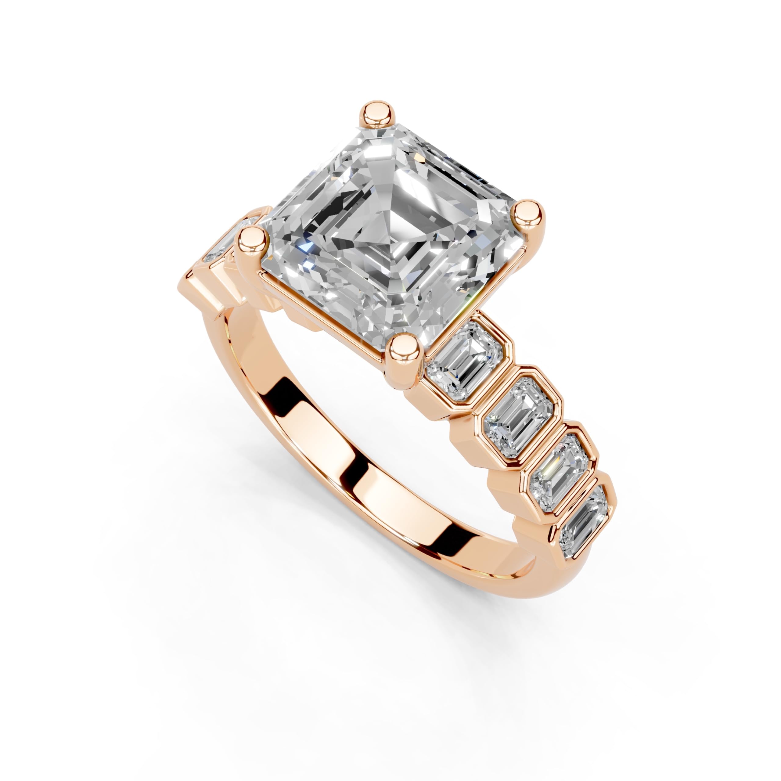Asscher Pavé with Emerald Side Stones lab-grown diamond ring in rose gold