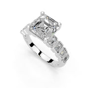 Asscher Pavé with Emerald Side Stones lab-grown diamond ring in white gold / platinum