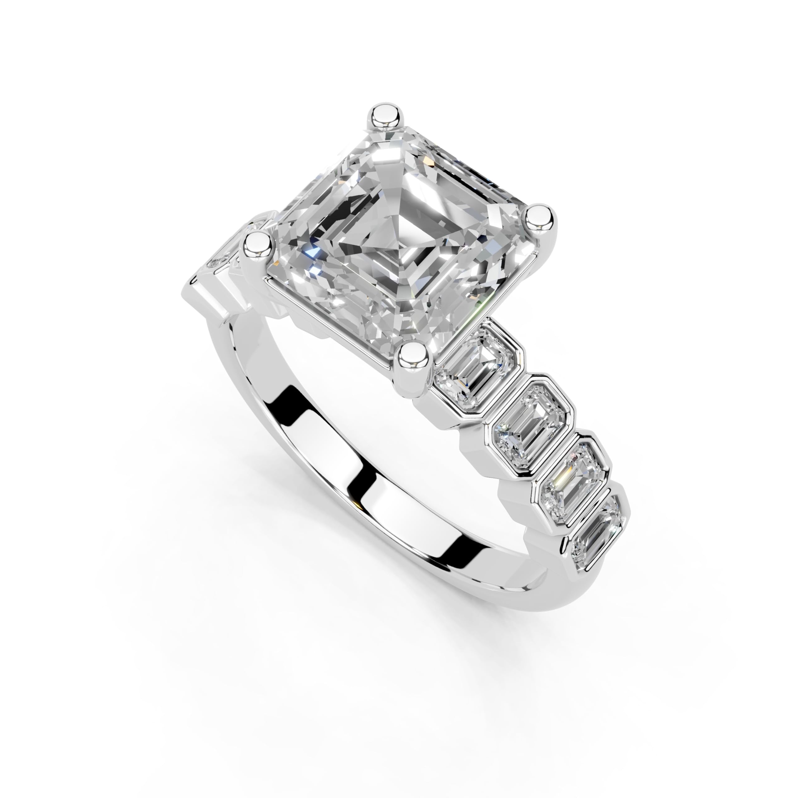 Asscher Pavé with Emerald Side Stones lab-grown diamond ring in white gold / platinum