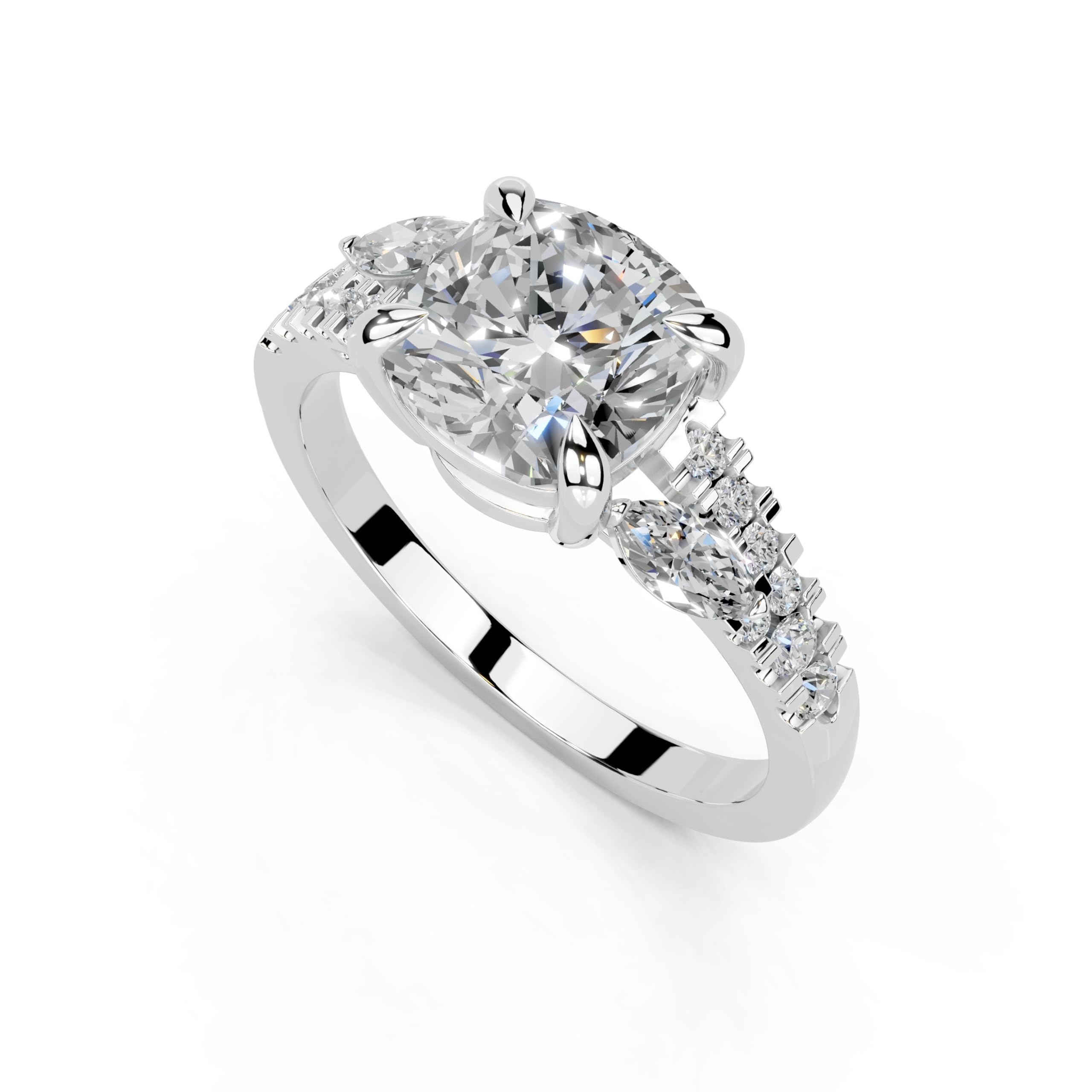 Cushion Marquise Side Stone Pavé lab-grown diamond ring in white gold / platinum