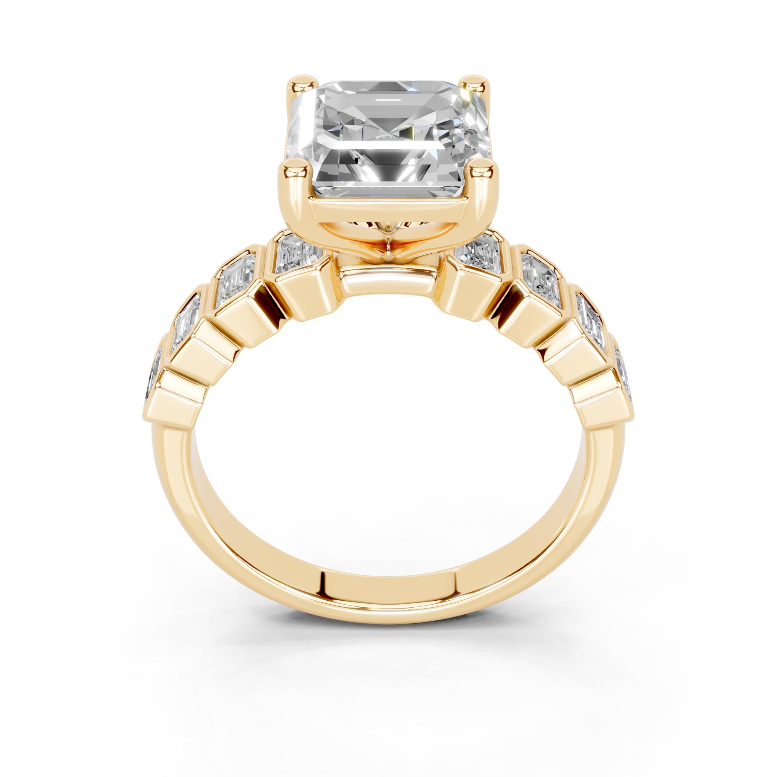 Asscher Pavé with Emerald Side Stones lab-grown diamond ring in yellow gold