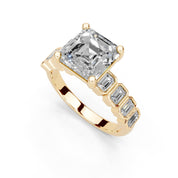 Asscher Pavé with Emerald Side Stones lab-grown diamond ring in yellow gold