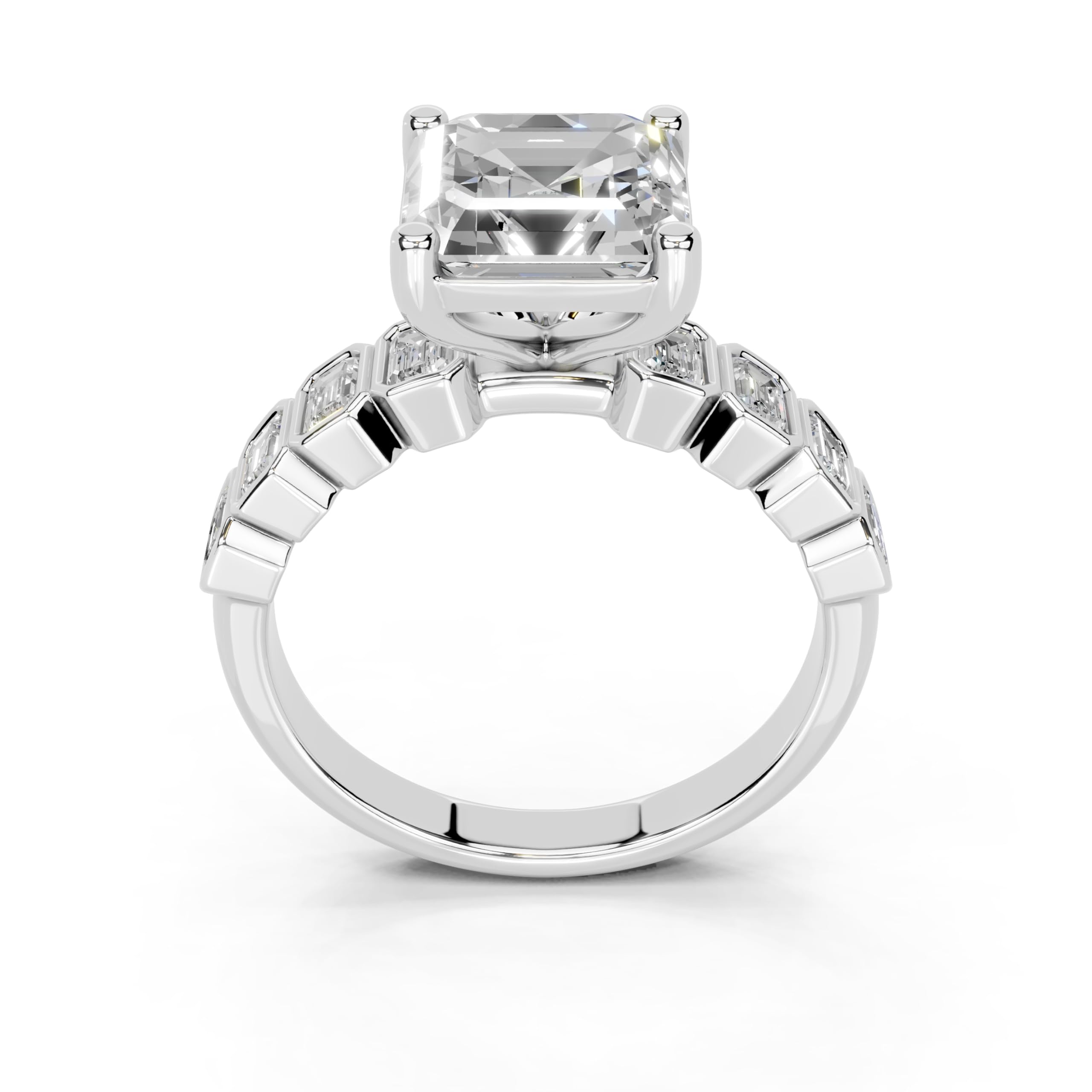 Asscher Pavé with Emerald Side Stones lab-grown diamond ring in white gold / platinum