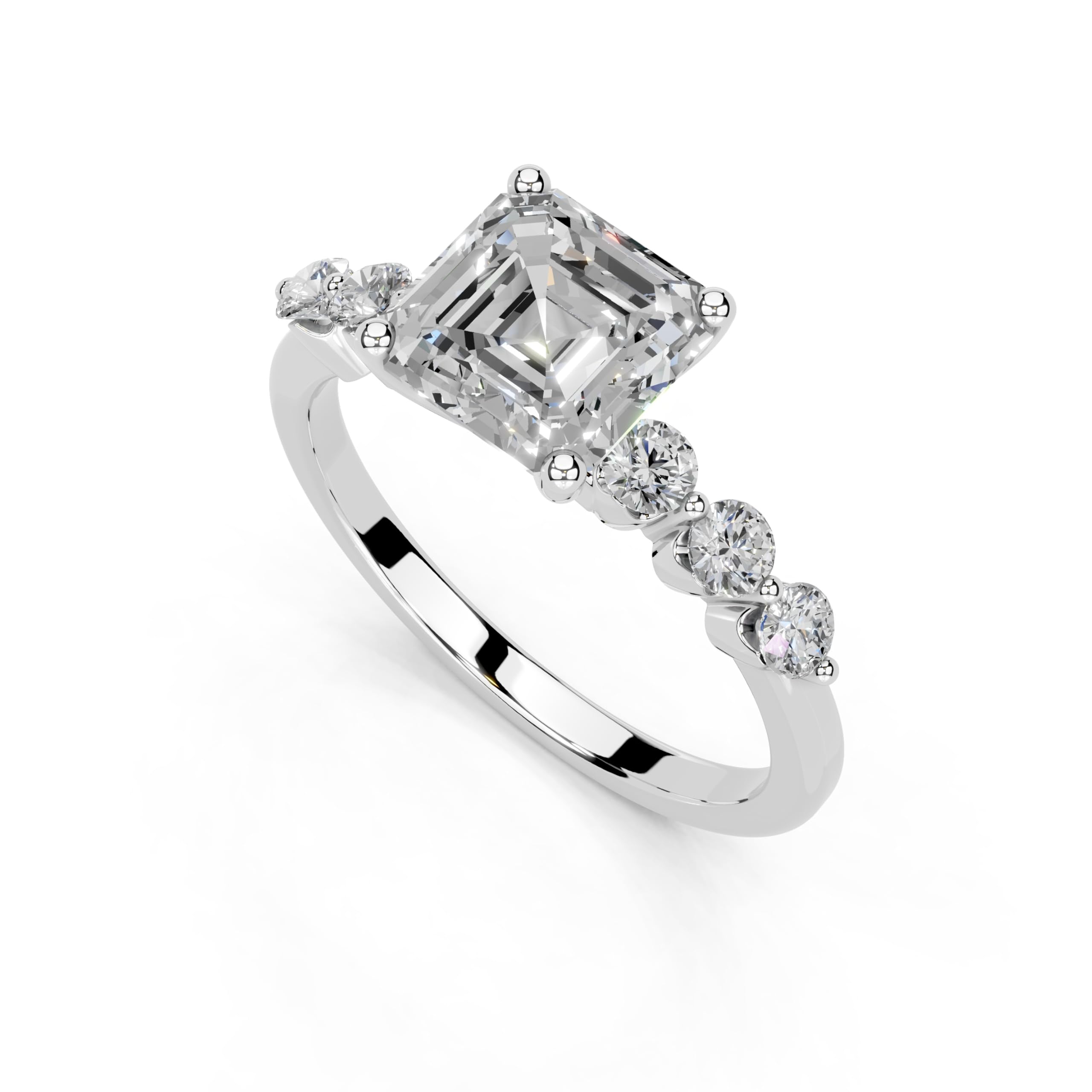 Asscher Scattered Side Stone lab-grown diamond ring in white gold / platinum