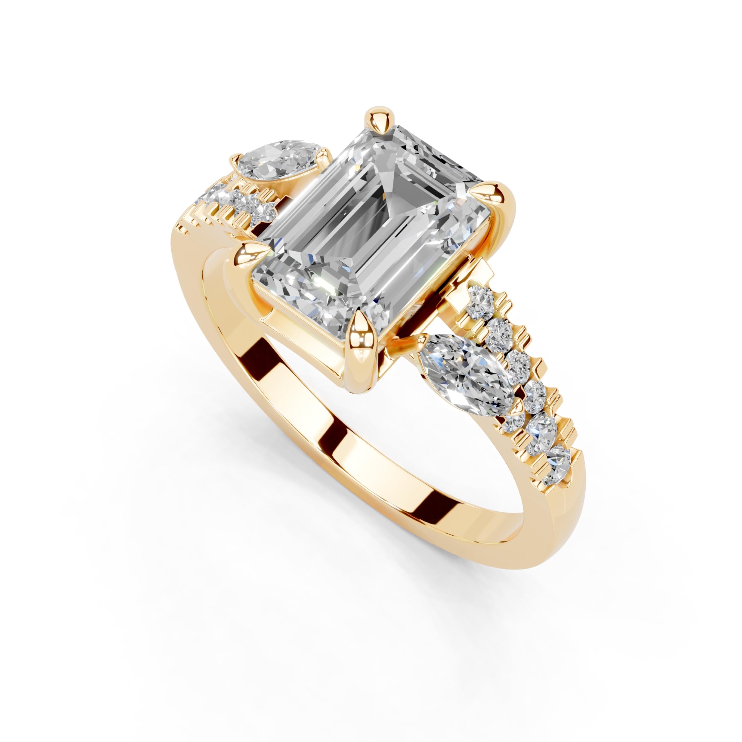 Emerald Marquise Side Stone Pavé lab-grown diamond ring in yellow gold