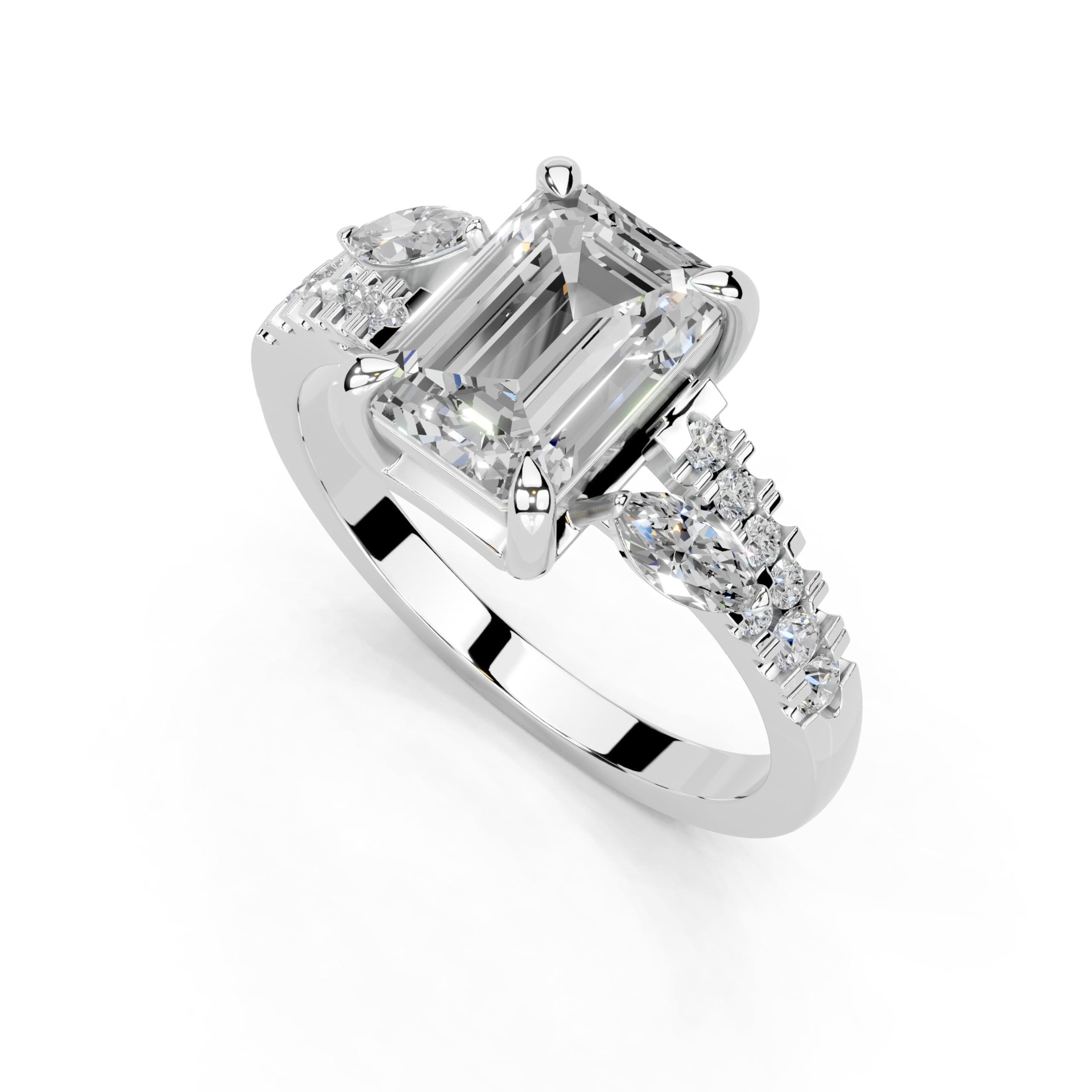 Emerald Marquise Side Stone Pavé lab-grown diamond ring in white gold / platinum