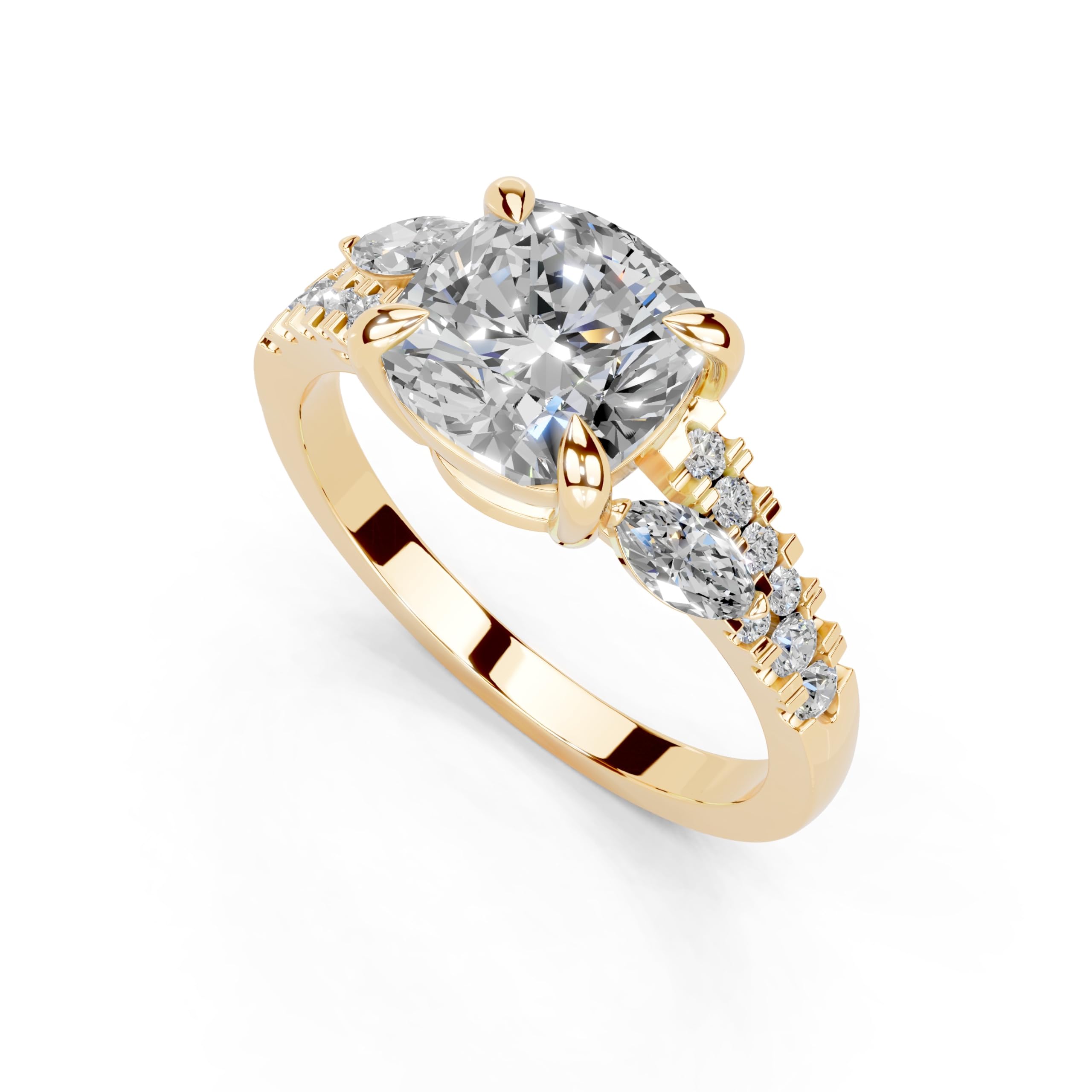Cushion Marquise Side Stone Pavé lab-grown diamond ring in yellow gold
