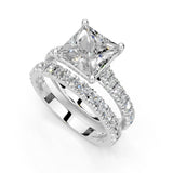Anillo de compromiso con diamantes cultivados en laboratorio, doble fila de diamantes pavé y puntas de garra de corte princesa
