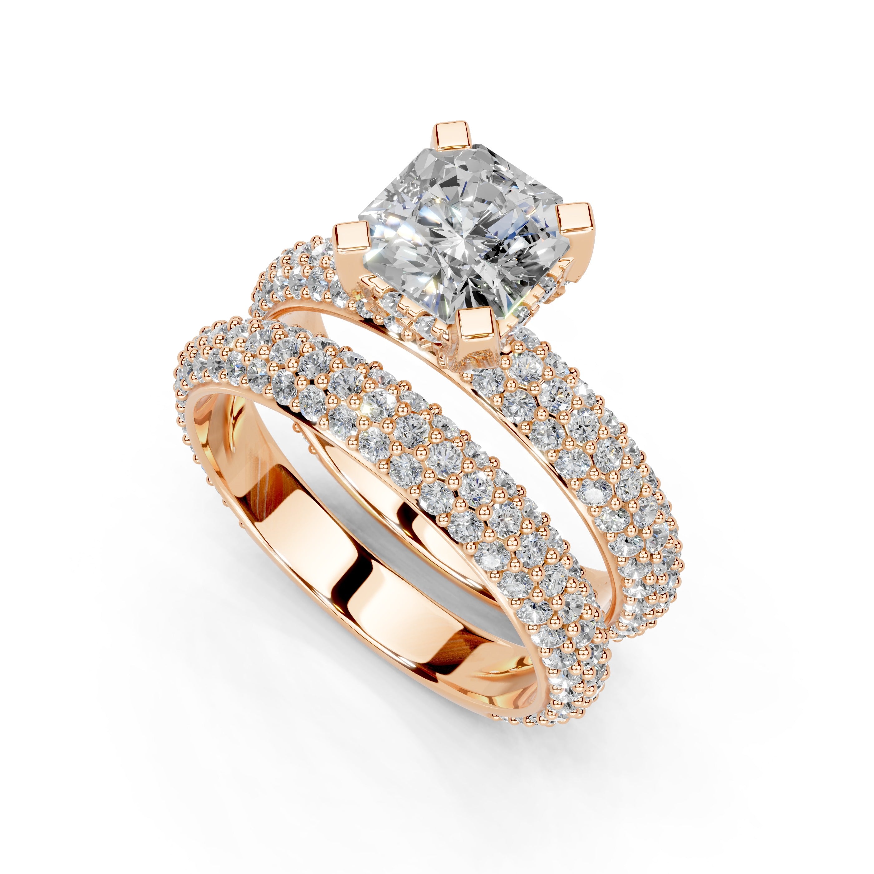 Asscher Cut Square Prongs Double Row Pave Lab Grown Diamond Engagement Ring