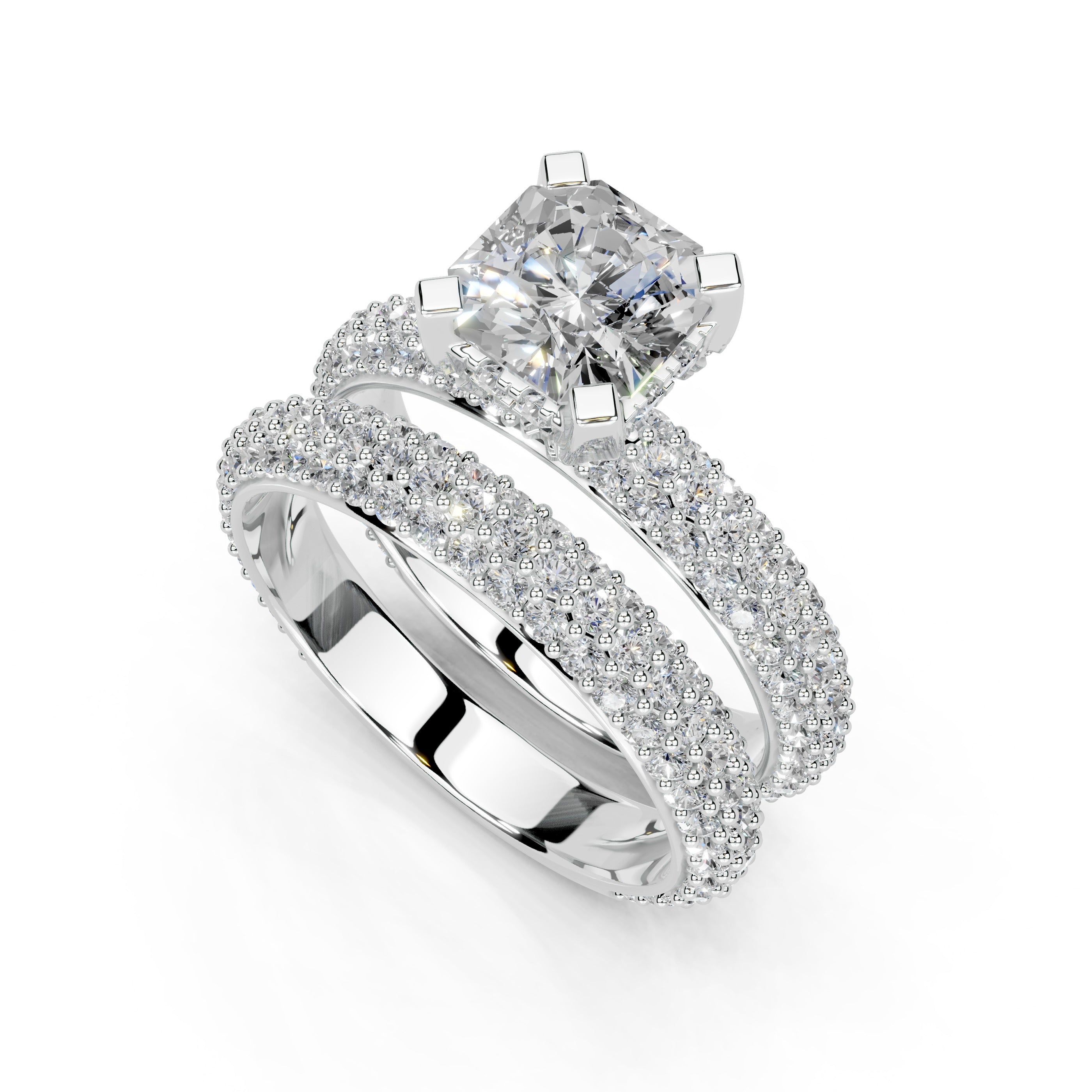 Asscher Cut Square Prongs Double Row Pave Lab Grown Diamond Engagement Ring