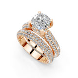 Anillo de compromiso con diamantes cultivados en laboratorio, doble fila de diamantes pavé y puntas de garra de corte cojín