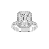 Anillo de compromiso con diamantes cultivados en laboratorio de talla esmeralda y pavé con engaste de doble halo vintage