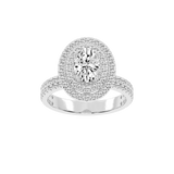 Anillo de compromiso con diamantes cultivados en laboratorio de corte ovalado y pavé con engaste de doble halo vintage