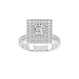 Anillo de compromiso con diamantes cultivados en laboratorio de talla princesa y pavé con engaste de doble halo estilo vintage