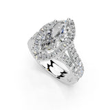 Anillo de compromiso con halo de diamantes cultivados en laboratorio de doble fila y talla marquesa con piedras laterales