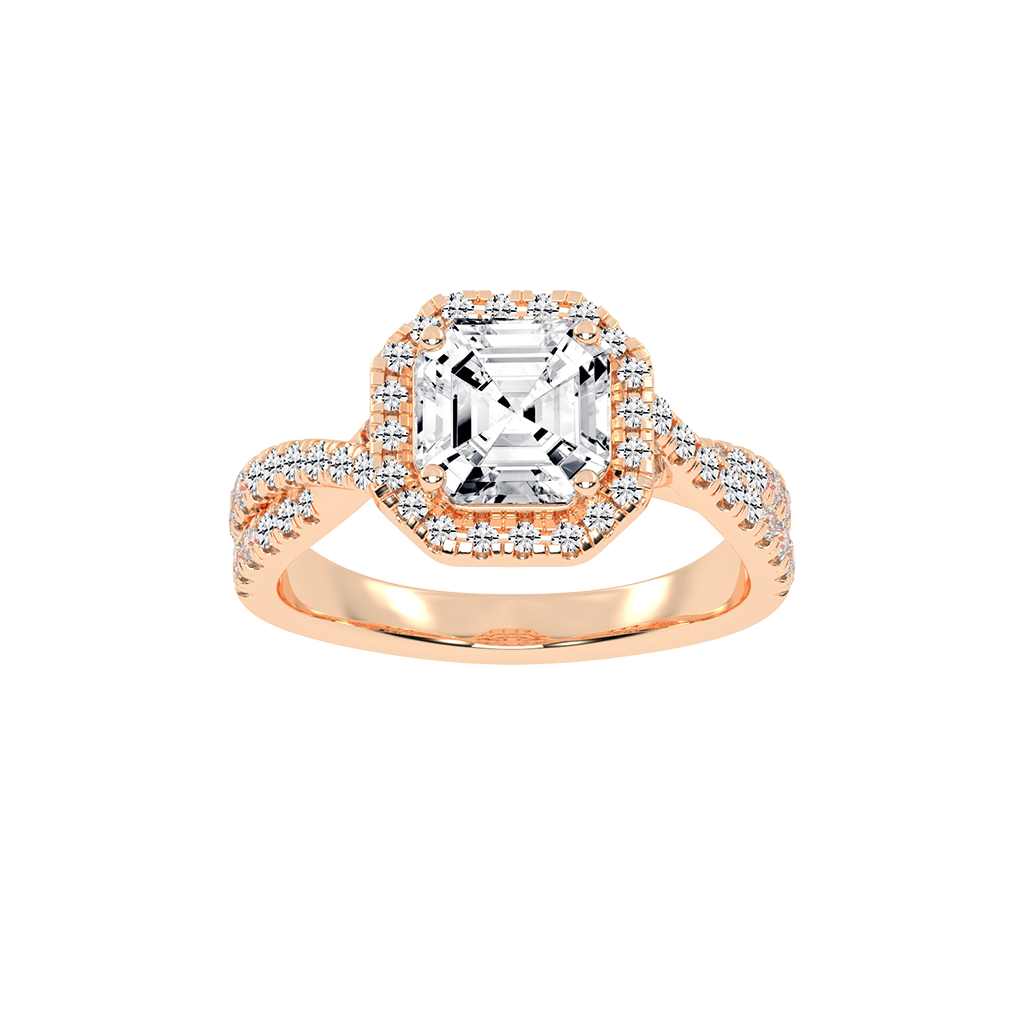 Asscher cut Halo Lab Grown Diamond Engagement Ring with Twisted Pave Setting