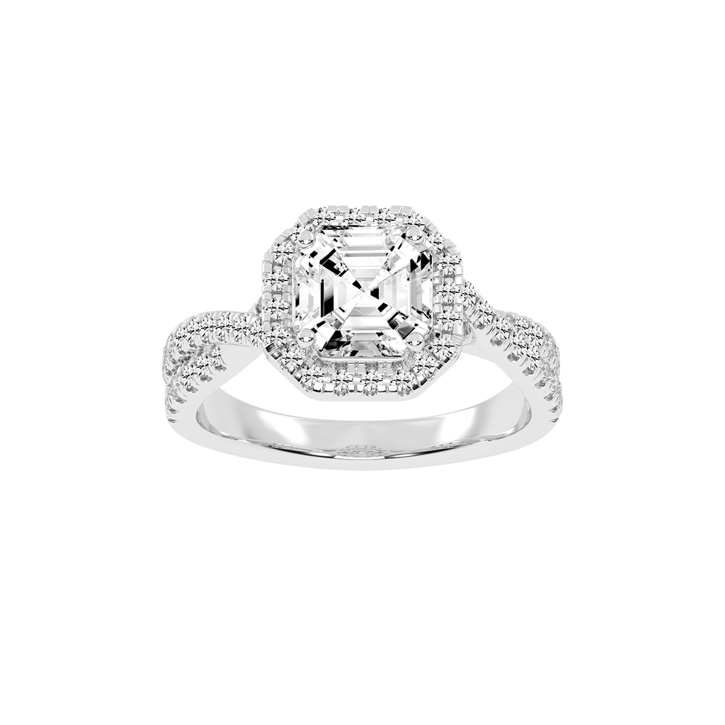 Asscher cut Halo Lab Grown Diamond Engagement Ring with Twisted Pave Setting