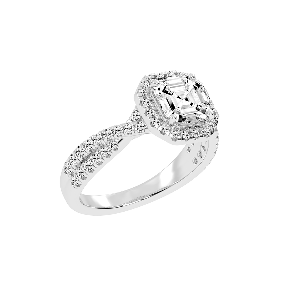 Asscher cut Halo Lab Grown Diamond Engagement Ring with Twisted Pave Setting
