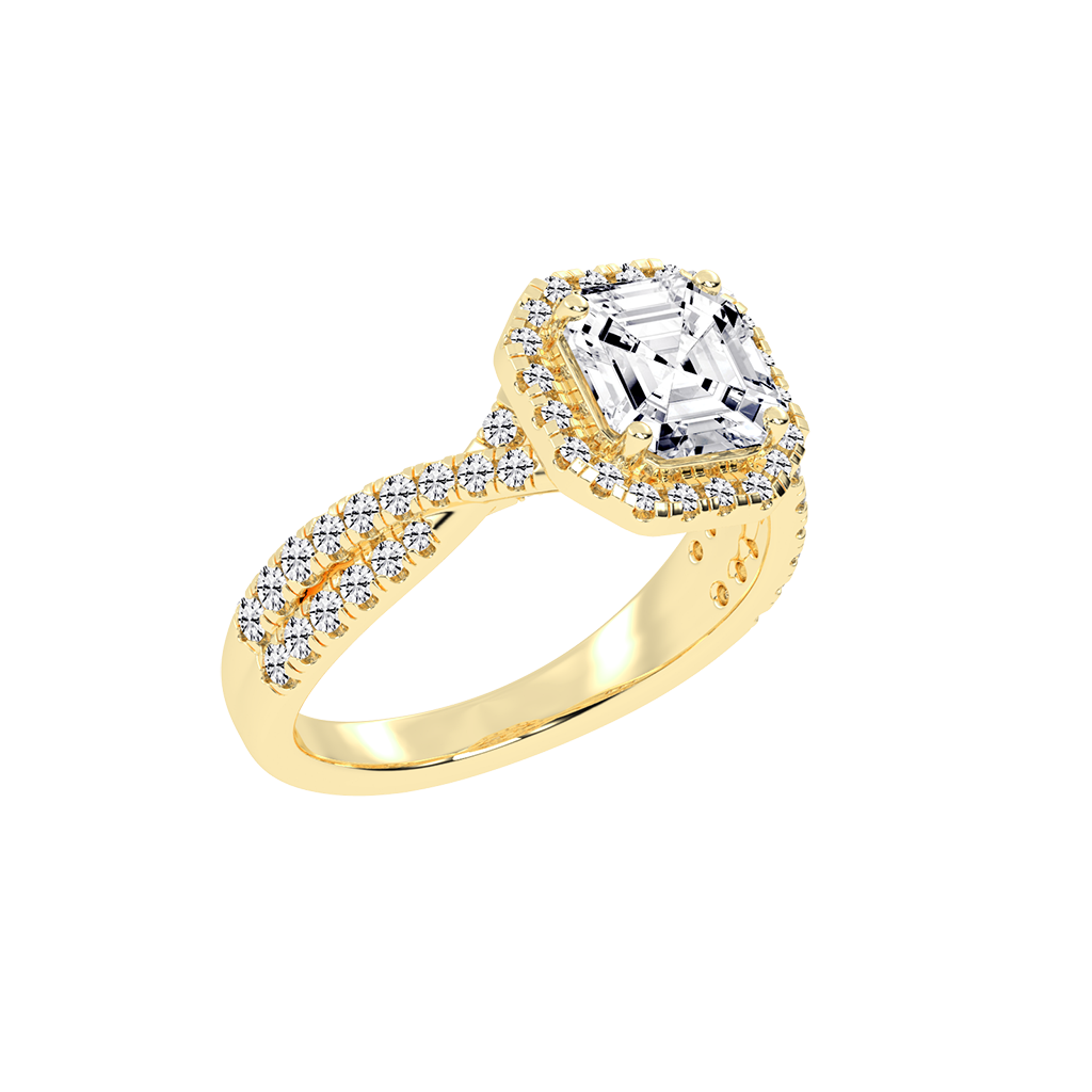 Asscher cut Halo Lab Grown Diamond Engagement Ring with Twisted Pave Setting