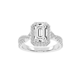 Anillo de compromiso con diamantes cultivados en laboratorio con halo de talla esmeralda y engaste pavé retorcido