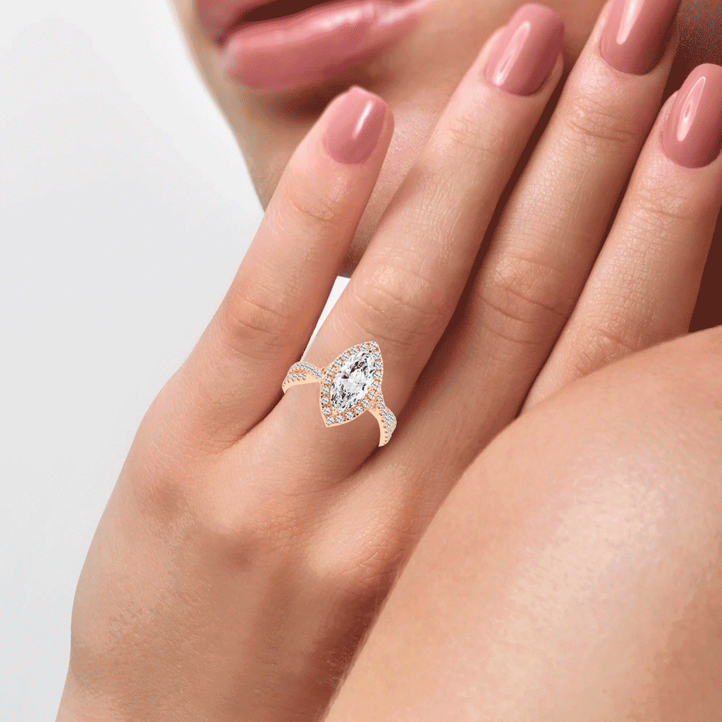 Marquise cut Halo Lab Grown Diamond Engagement Ring with Twisted Pave Setting