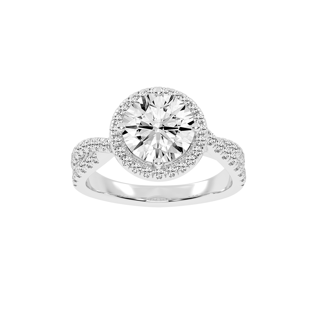 Round cut Halo Lab Grown Diamond Engagement Ring with Twisted Pave Setting