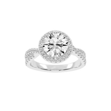 Anillo de compromiso con diamantes cultivados en laboratorio de talla redonda y halo con engaste pavé retorcido