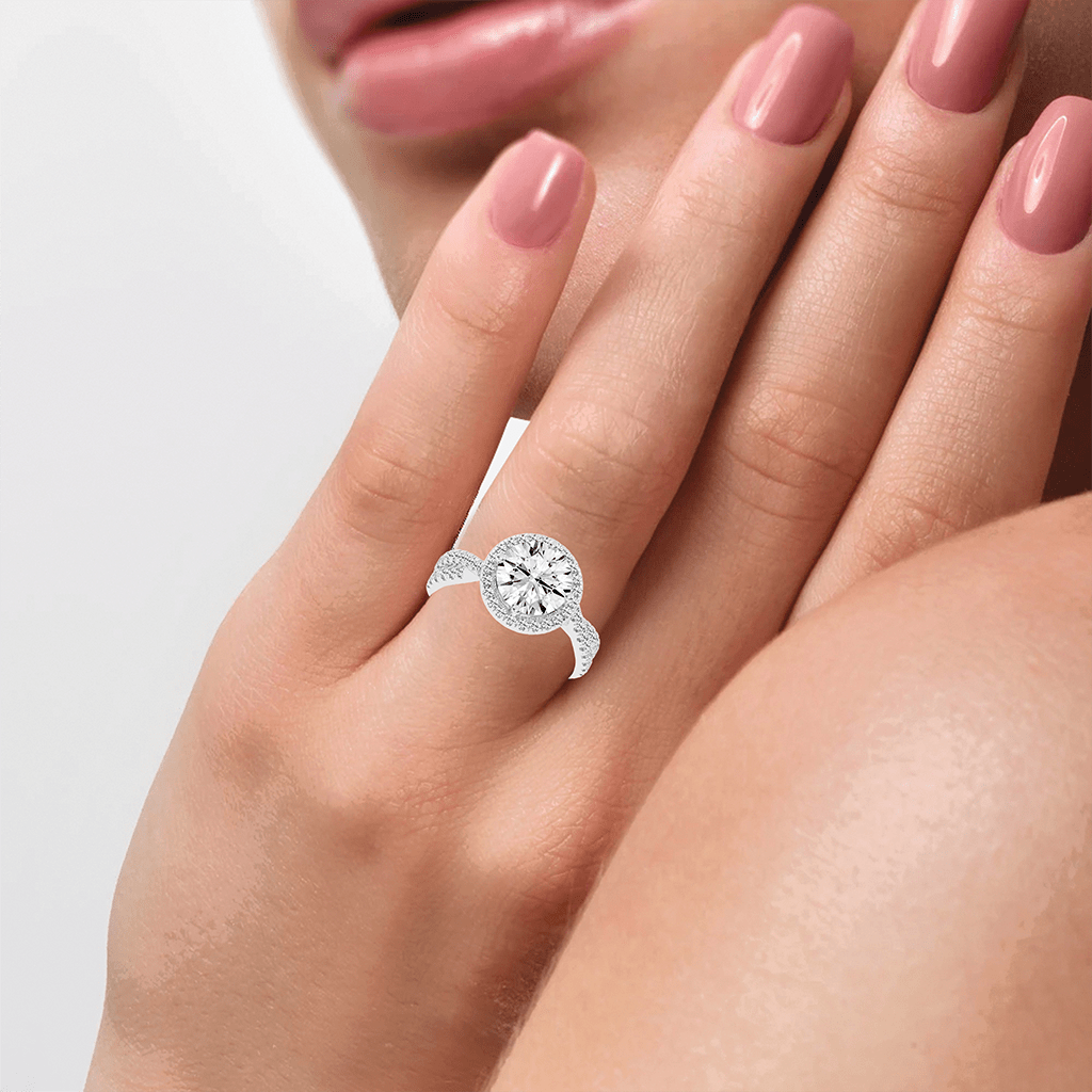 Round cut Halo Lab Grown Diamond Engagement Ring with Twisted Pave Setting