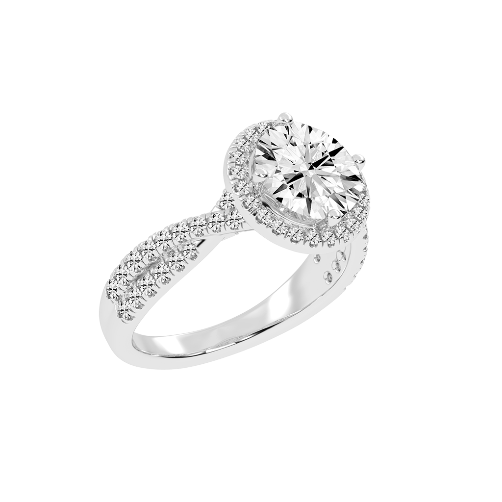 Round cut Halo Lab Grown Diamond Engagement Ring with Twisted Pave Setting